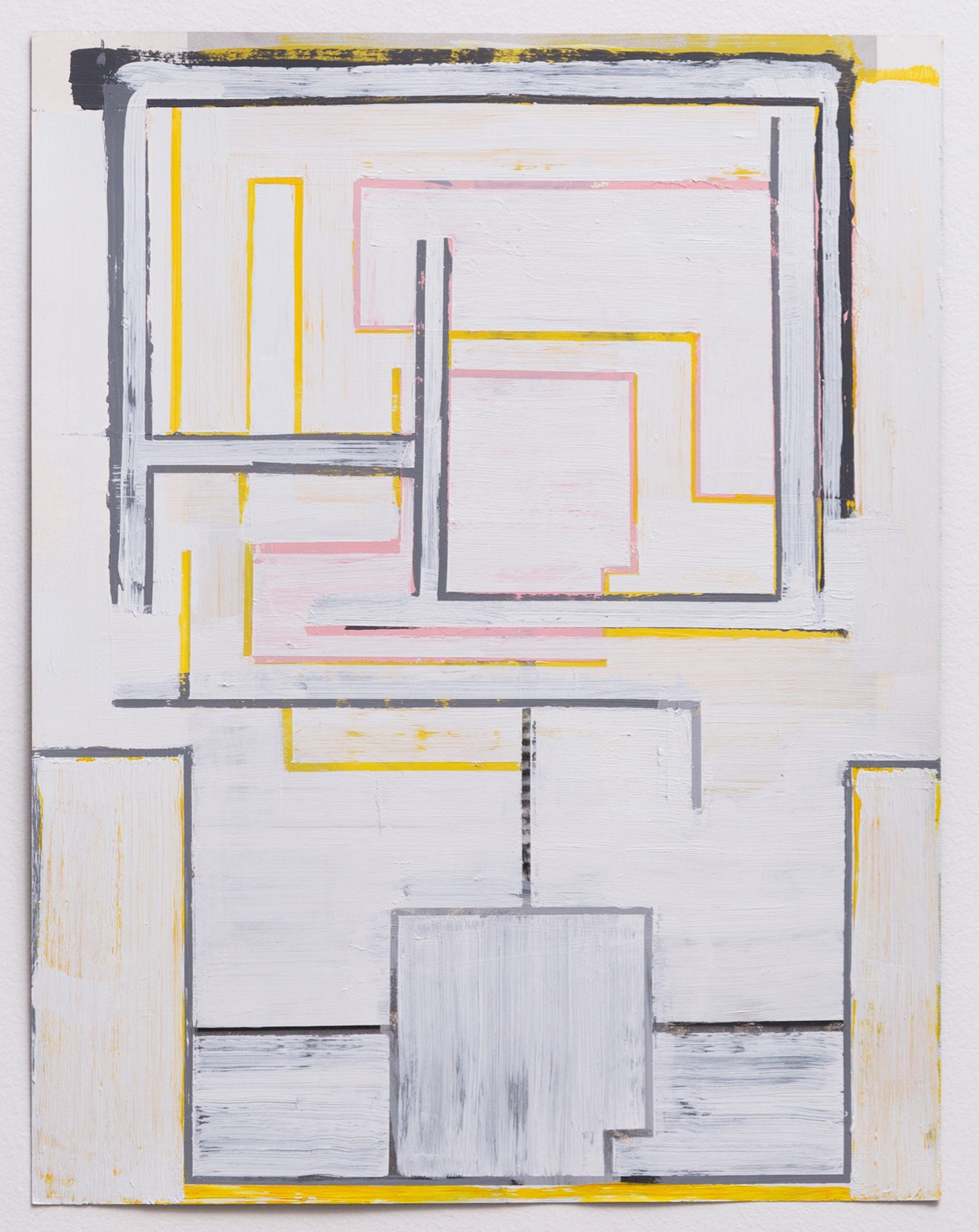 Abstract geometric composition featuring overlapping rectangular frames in gray, yellow, and pink on a white background, with visible brushstrokes and layered paint creating a sense of architectural or spatial depth.