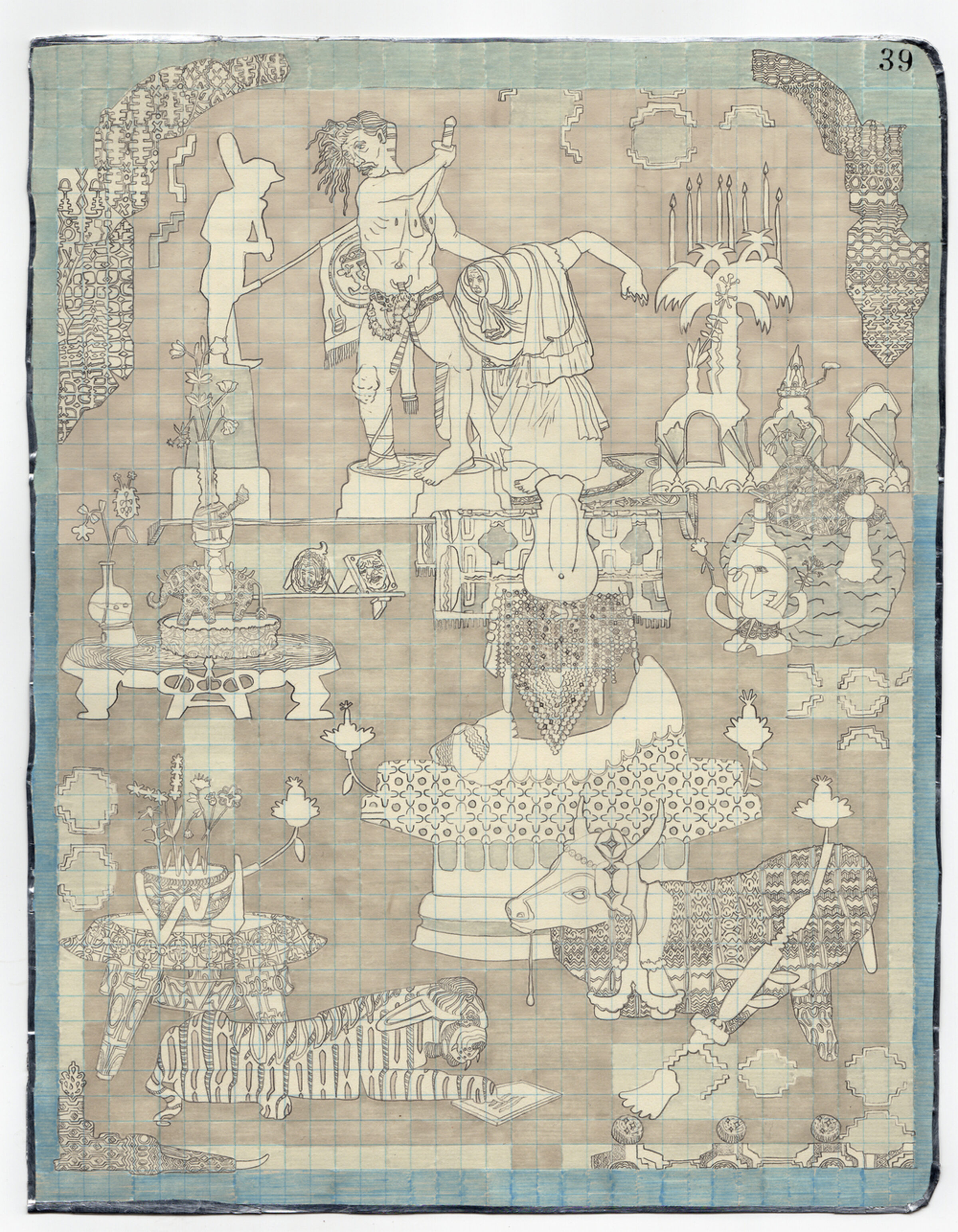 A detailed graphite drawing on gridded paper depicting a surreal, densely populated scene with classical and fantastical elements. The composition features a central standing figure surrounded by ornate architectural structures, decorative objects, animals including zebras and elephants, intricate patterns, and ornamental details arranged in a complex, layered arrangement across the page.