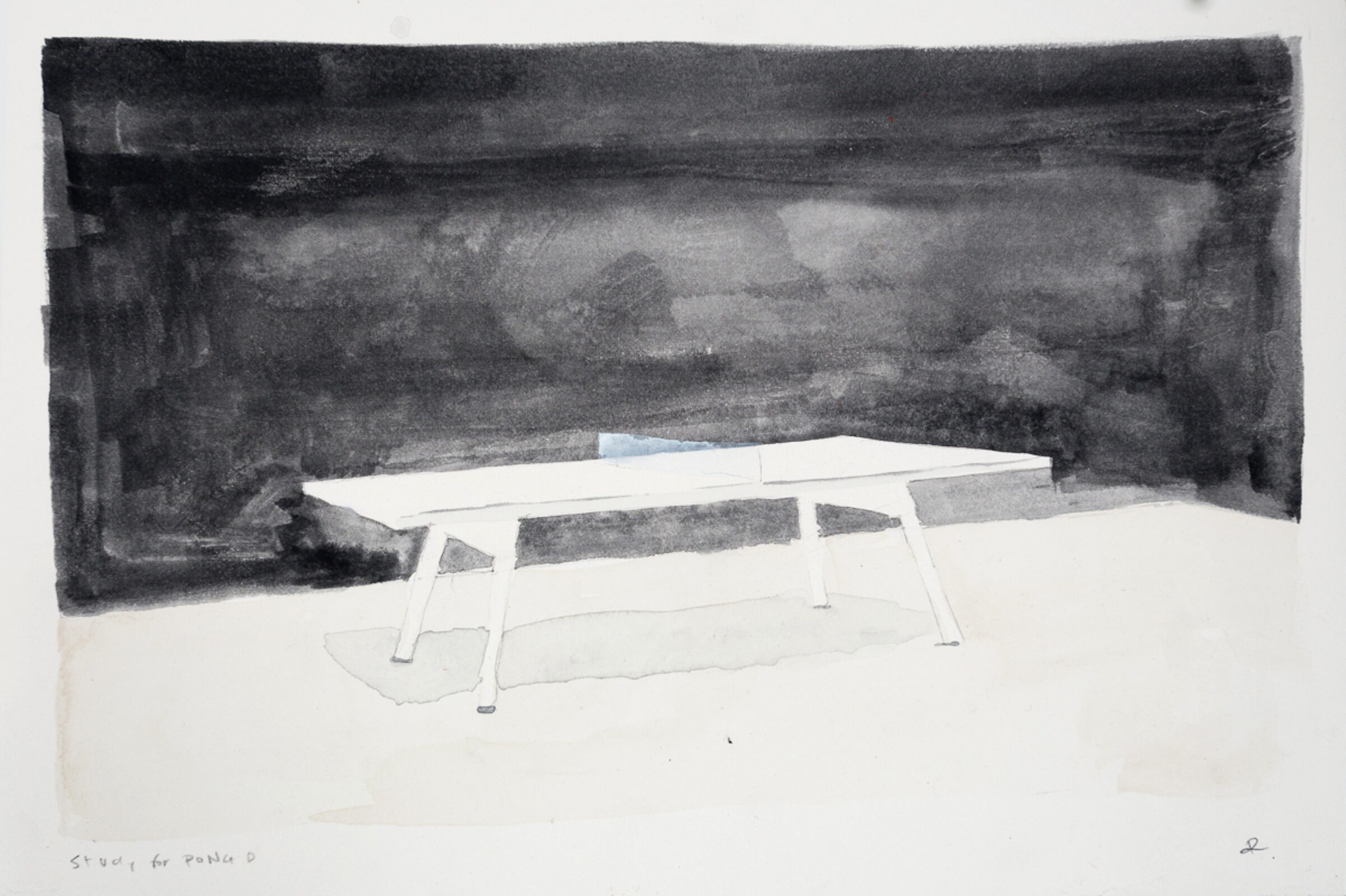 A minimalist watercolor study depicting a white modern table with angled legs set against a dark, atmospheric background rendered in charcoal or graphite. The composition contrasts the crisp geometric form of the furniture with the soft, gestural marks of the stormy backdrop.