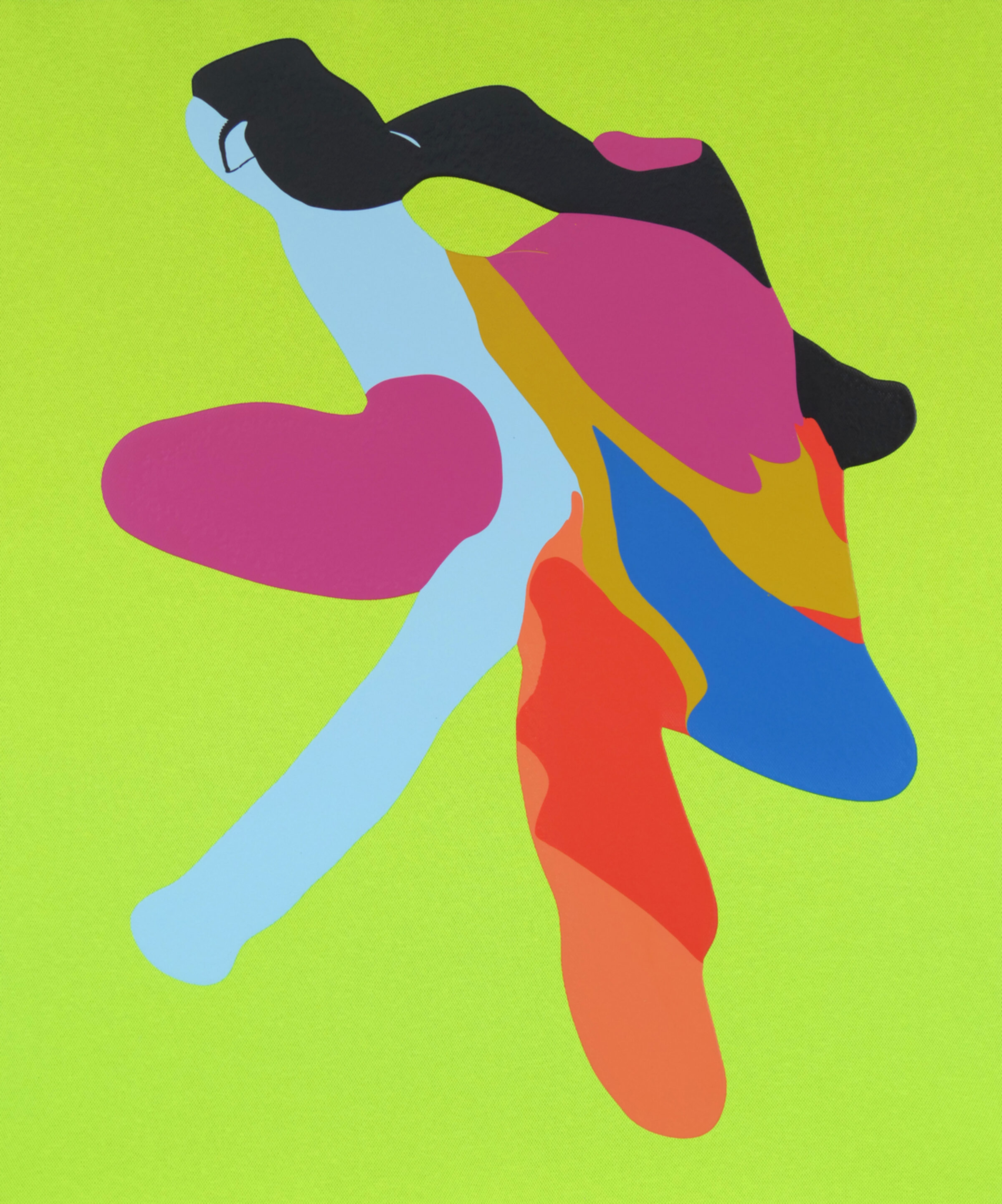 Abstract figure in dynamic motion against a bright lime green background, rendered in bold, overlapping shapes in magenta, black, sky blue, golden yellow, coral red, and royal blue. The composition suggests a dancer or acrobat with fluid, gestural forms creating a sense of energetic movement and playfulness.