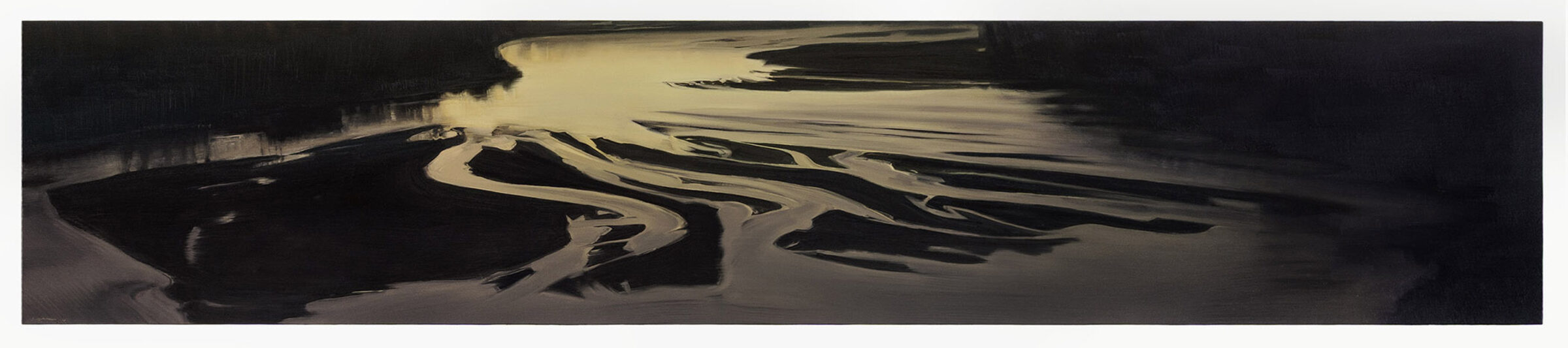 A horizontal landscape composition in dark tones depicting a winding river or waterway with pale sandy banks cutting through black terrain. Gestural brushstrokes create flowing patterns and striations across the surface, suggesting movement and erosion.