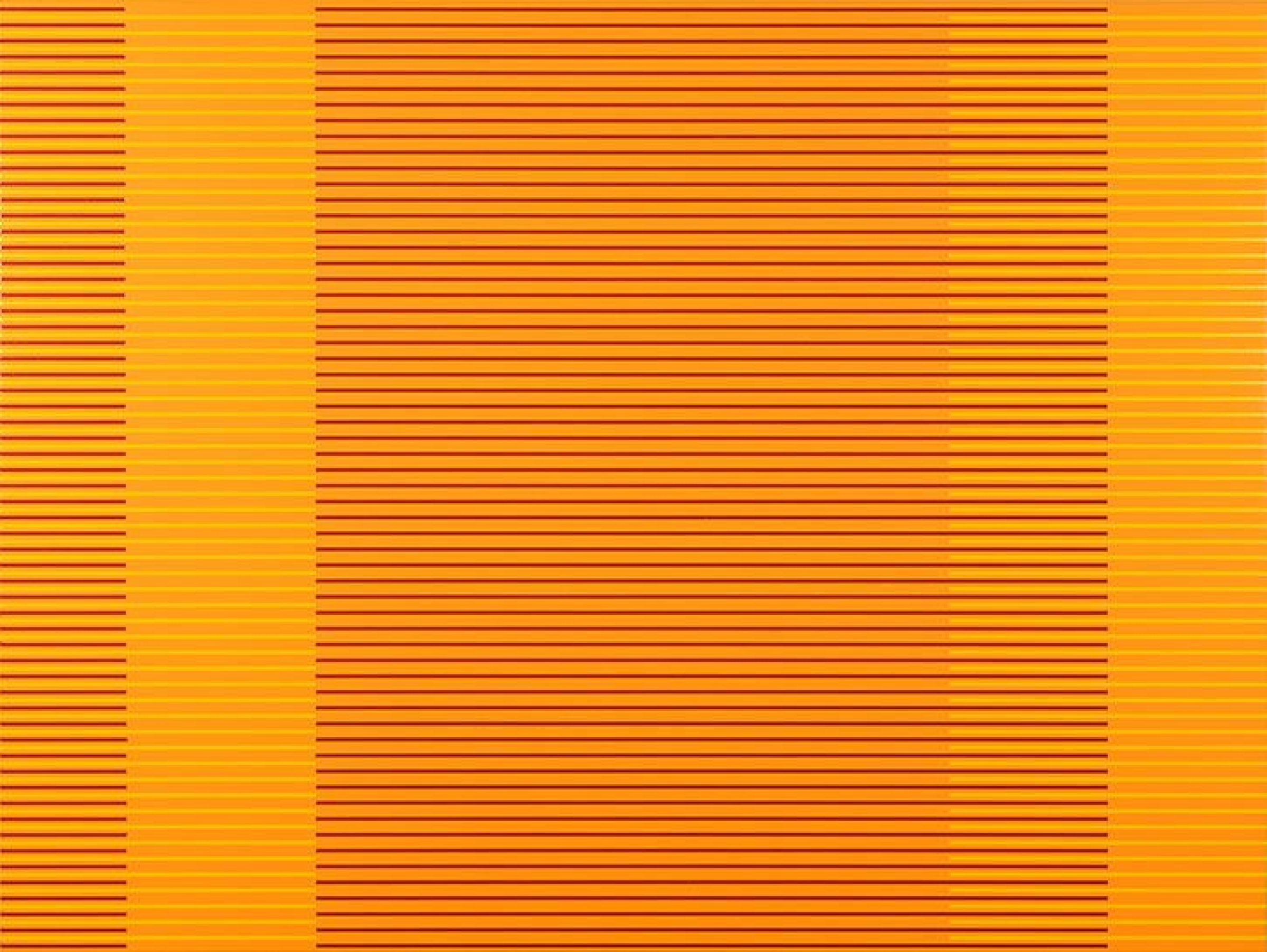Geometric abstraction composed of three vertical sections with horizontal striping in varying densities. The left and right sections feature tightly spaced dark orange lines on a bright yellow ground, while the wider central section displays looser horizontal stripes in orange and yellow tones, creating a rhythmic visual pattern across the composition.