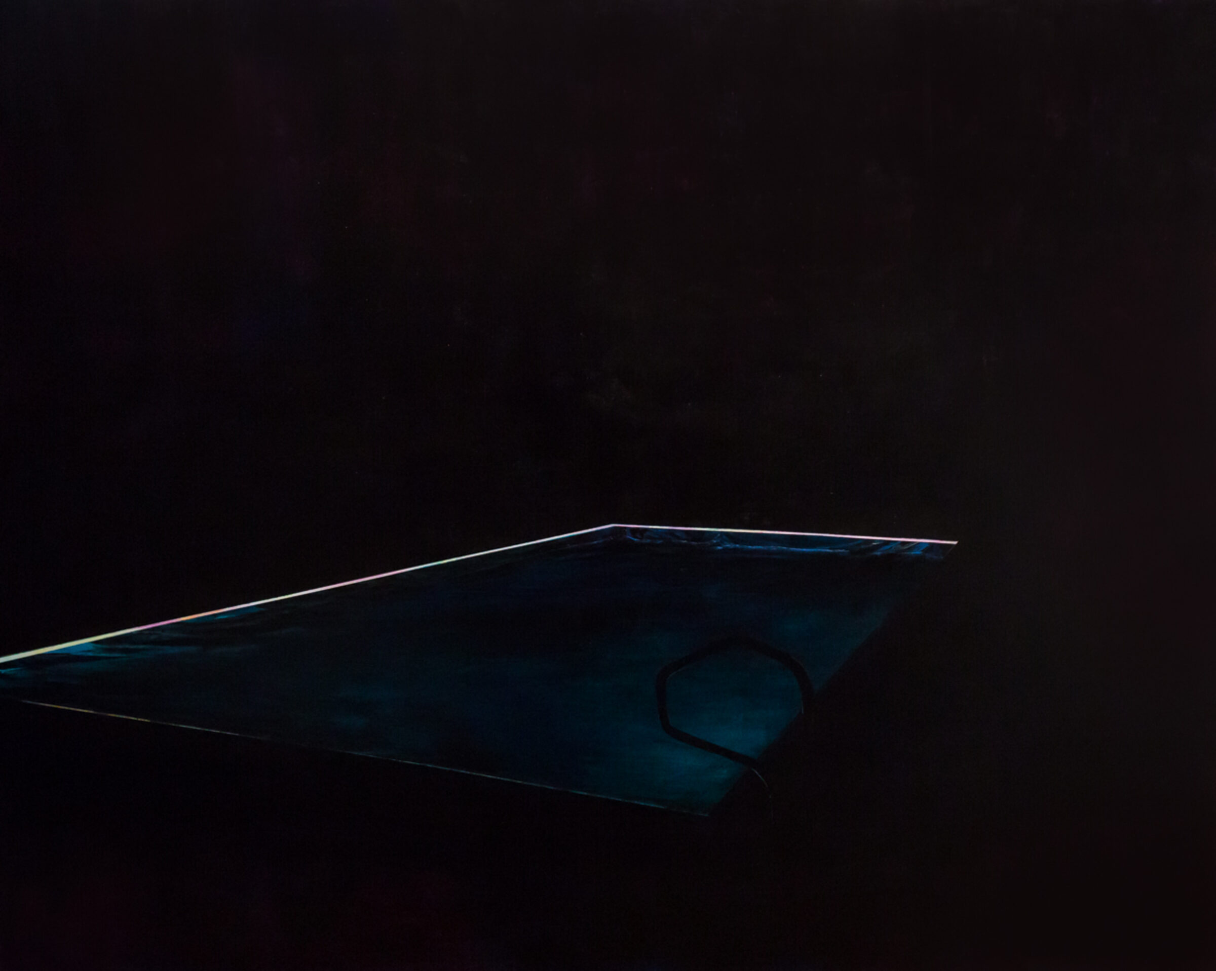 A translucent teal-blue form floats against a dark background, its elongated, leaf-like shape tapering to sharp points at either end. A circular aperture or void is visible within the center of the form, while its upper edge is illuminated with a subtle golden highlight that creates dimensional depth.