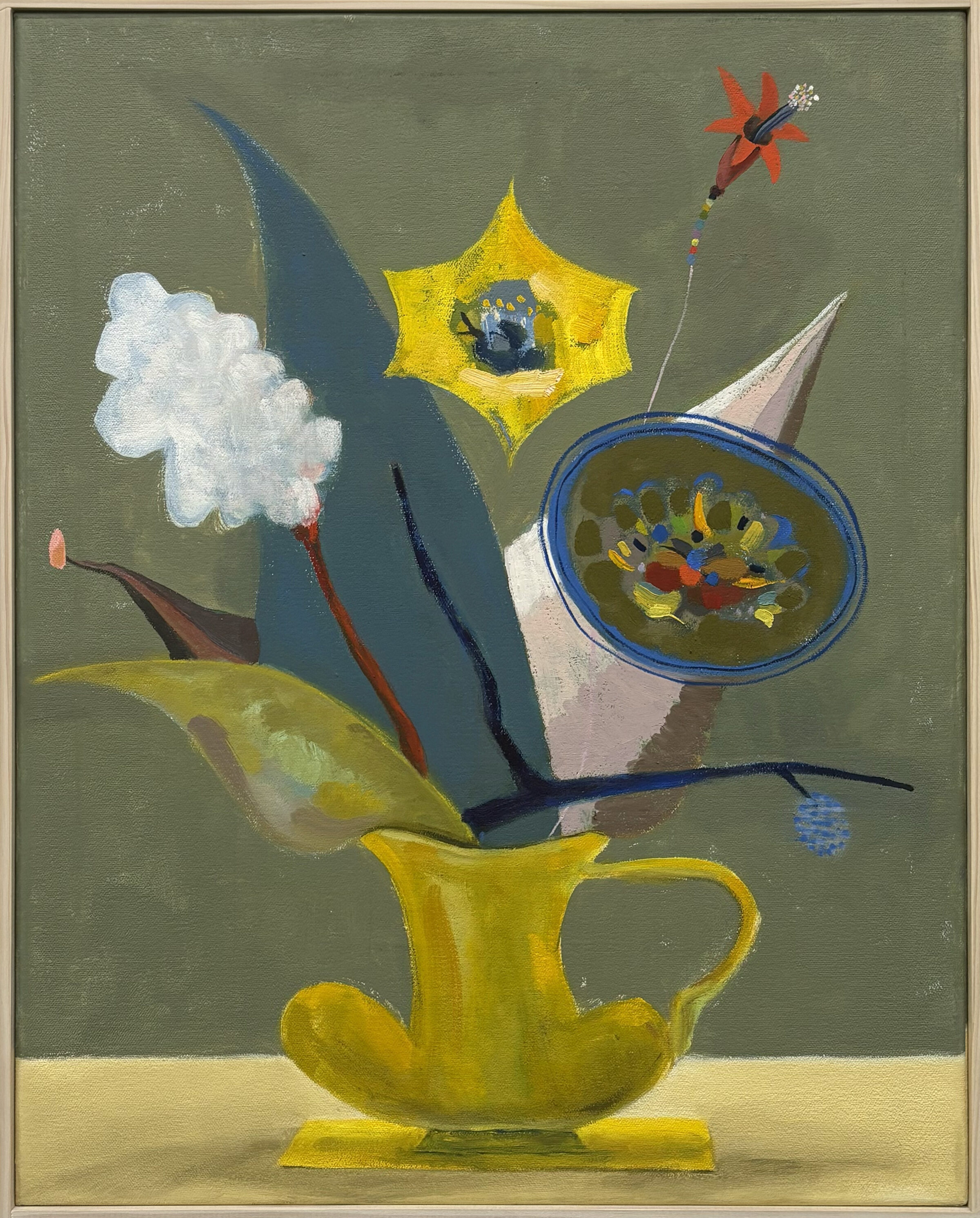 A surreal still life composition featuring a large yellow pitcher as the central vessel, from which emerges an imaginative arrangement of geometric and organic forms against a muted green background. Stylized elements include a white cloud, blue angular shapes, a yellow star containing small figures, a blue bowl with fish, a red kite, and various linear elements, creating a whimsical, dreamlike tableau.