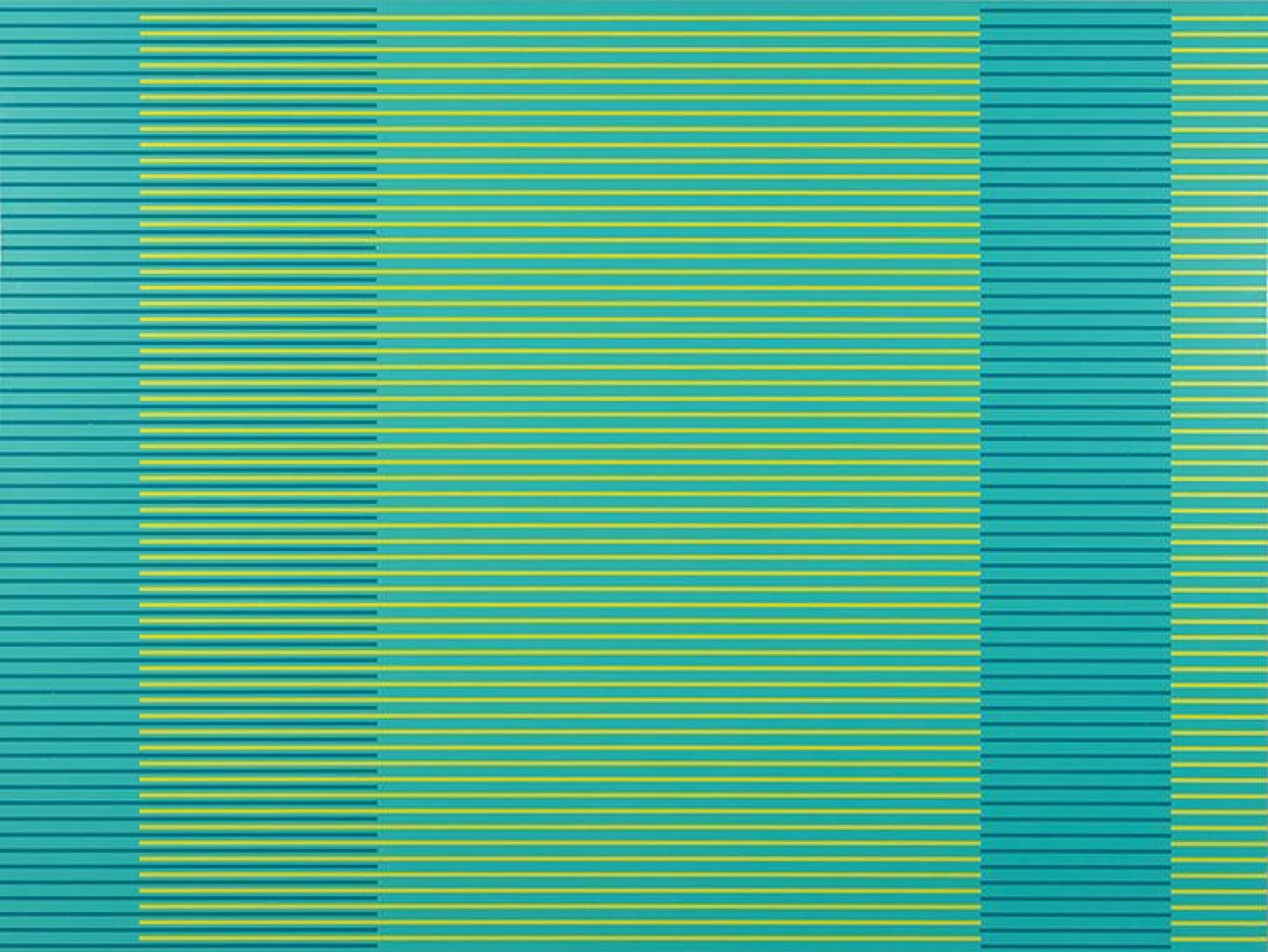 Horizontal stripes in shades of teal, dark teal, and chartreuse yellow create a rhythmic pattern across the composition. The striped field is interrupted by a vertical band of darker teal on the right side, creating a subtle division in the otherwise uniform linear design.