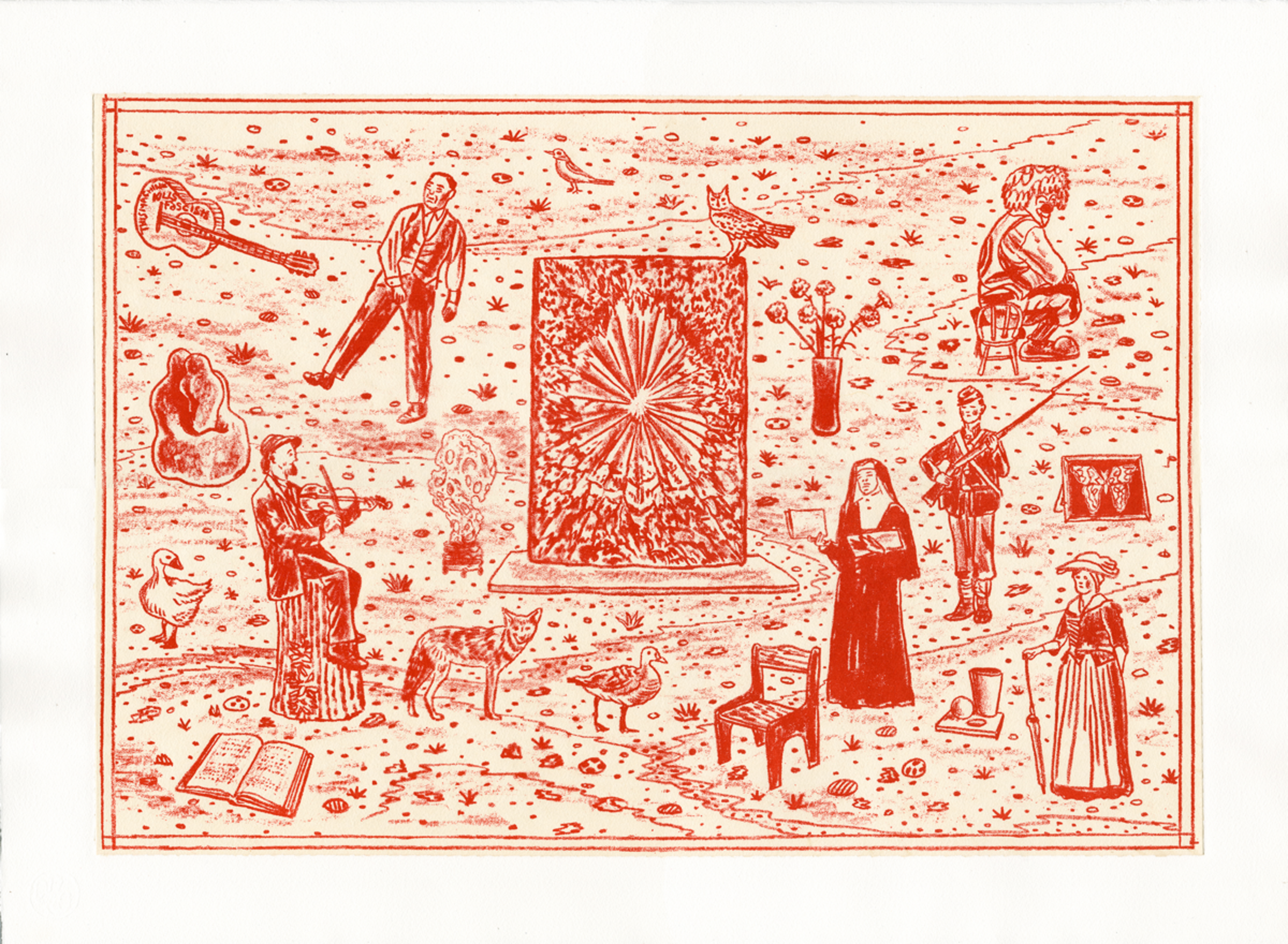 Red woodblock print depicting a surreal landscape populated with figures engaged in various activities around a central radiant burst pattern. The composition includes musicians, readers, standing figures in robes, animals, and scattered objects across a textured background dotted with organic forms and plant-like elements, rendered in bold linear marks against a cream-colored paper.