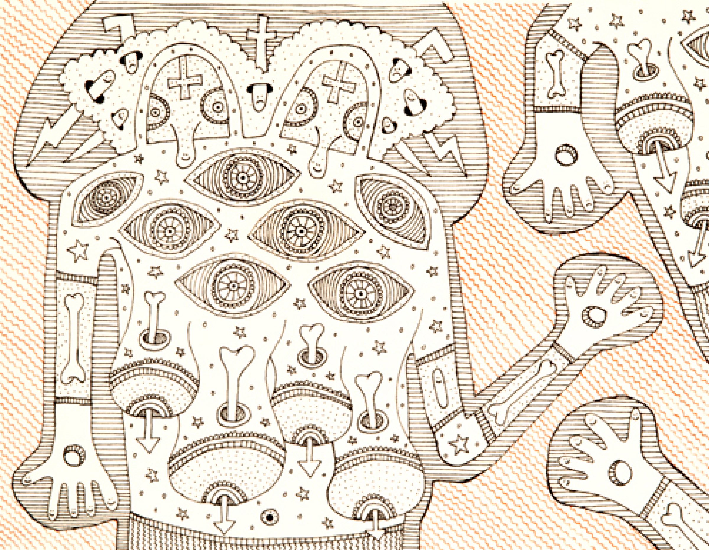 Line drawing in sepia ink on paper depicting an abstracted human figure composed of intricate geometric patterns, celestial symbols, and anatomical elements including eyes, bones, and organs arranged in a symmetrical, mandala-like composition with decorative borders and ornamental details throughout.