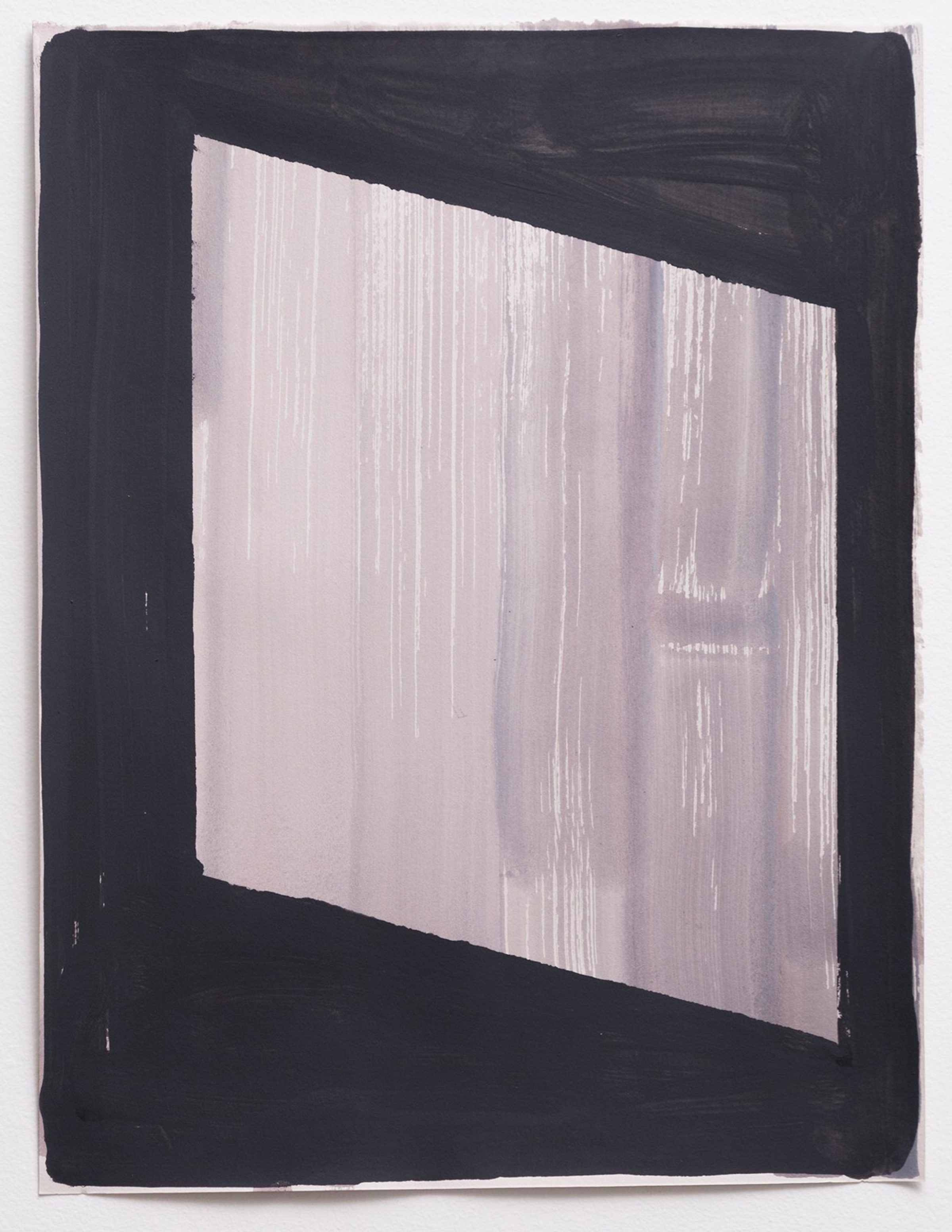 A pale lavender rectangle tilted at an angle against a dark charcoal background, its surface marked with fine vertical brushstrokes that create a luminous, textured quality suggestive of light filtering through a window.