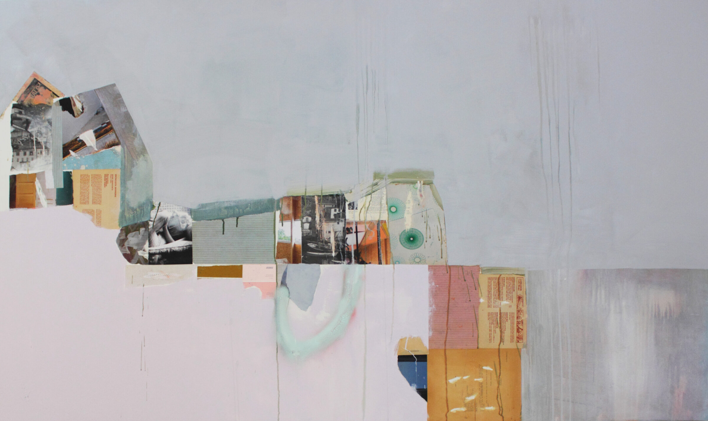 A horizontal collage combining photographs, painted sections, and architectural imagery. Layered elements include corrugated metal panels, interior domestic spaces, architectural drawings, and soft washes of pink, green, and ochre paint, creating an abstracted landscape-like composition that reads from left to right with varying depths and transparency.