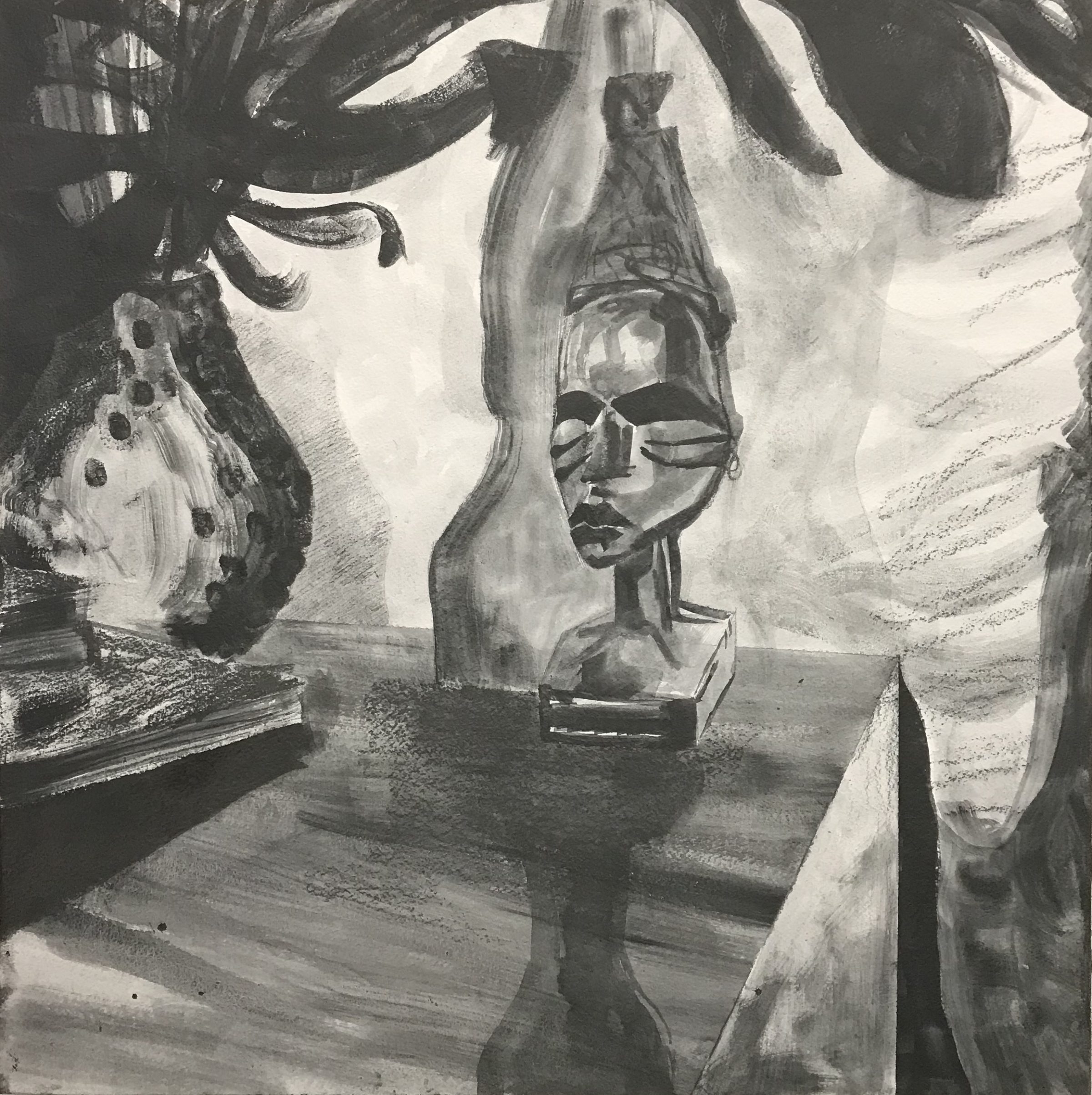 A black and white drawing featuring a sculptural bust with geometric, angular features positioned centrally on a pedestal. Surrounding the bust are organic, flowing forms with curved lines and textured surfaces that create a dreamlike composition. The work employs varied graphite tones ranging from deep black to pale gray, creating depth and contrast throughout the layered, atmospheric scene.