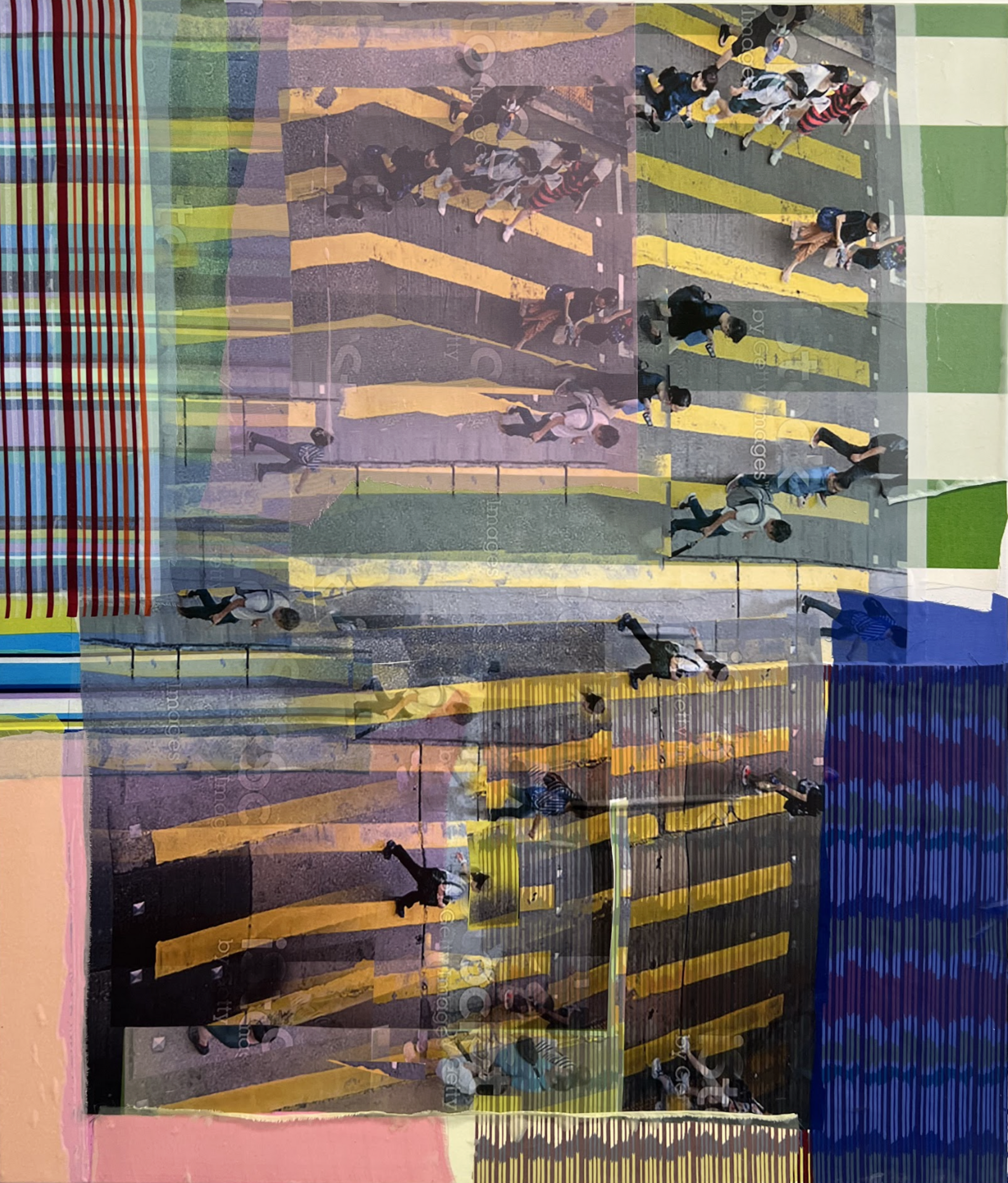 Layered mixed-media composition featuring overhead views of people walking across yellow-striped pedestrian crossings, overlaid with vertical colored stripes and geometric color blocks in green, blue, pink, and orange. The fragmented, repetitive imagery creates a sense of interruption and visual rhythm across the canvas.