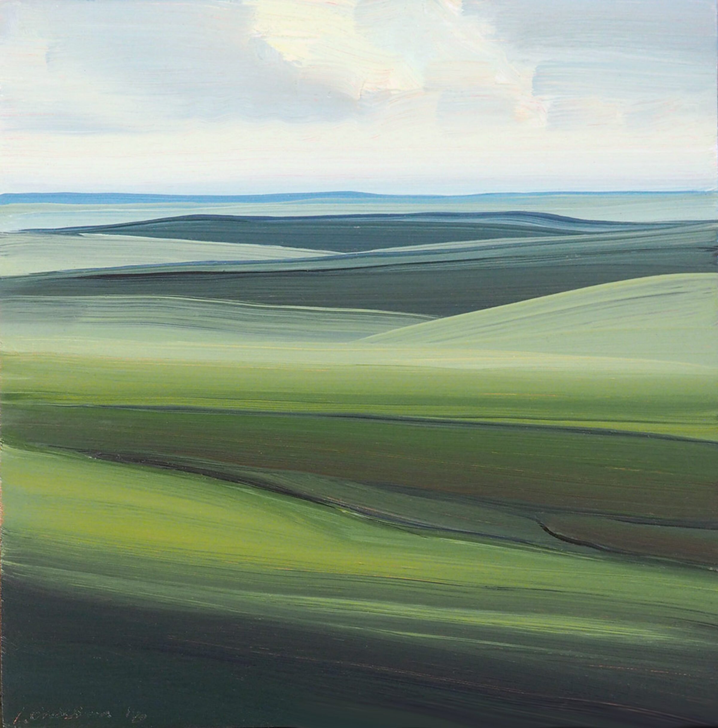 Layered horizontal bands of green and blue create a minimalist landscape, with darker fields in the foreground transitioning to lighter tones toward a distant horizon under a pale, clouded sky. The composition uses soft, sweeping brushstrokes to suggest rolling terrain and atmospheric depth.