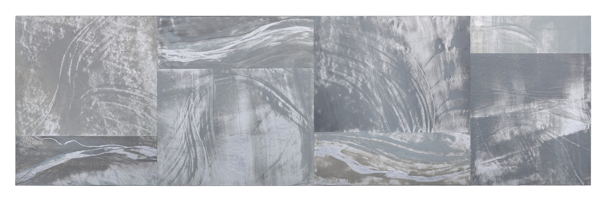 A multi-panel horizontal composition in grayscale featuring flowing, organic forms with swirling patterns and curved lines suggesting water or landscape. The panels show layered, translucent textures with areas of white, gray, and dark tones creating a sense of movement and depth across the surface.