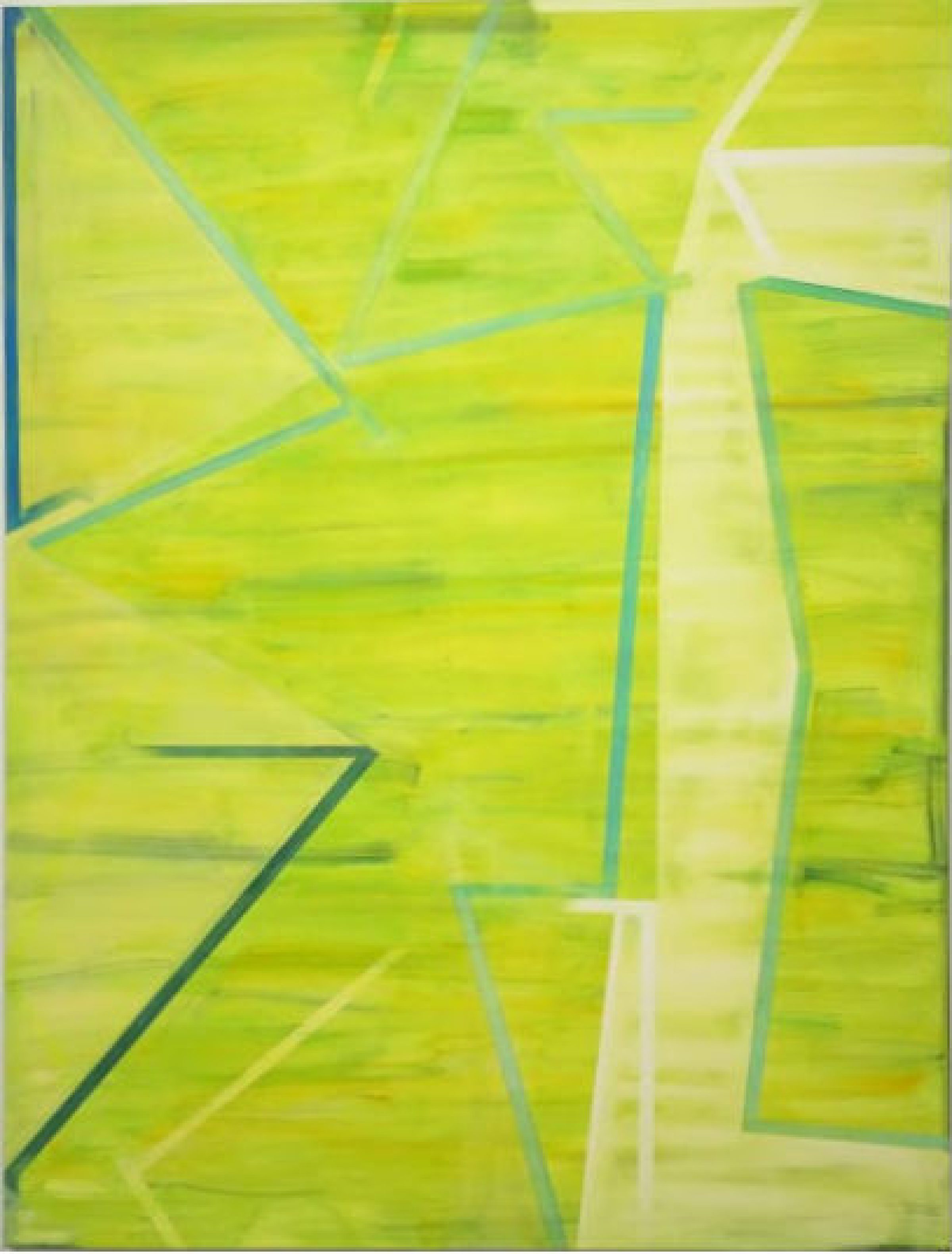 Abstract composition in shades of lime green, yellow-green, and teal featuring intersecting geometric lines and rectangular forms creating a fragmented, layered effect across the canvas.