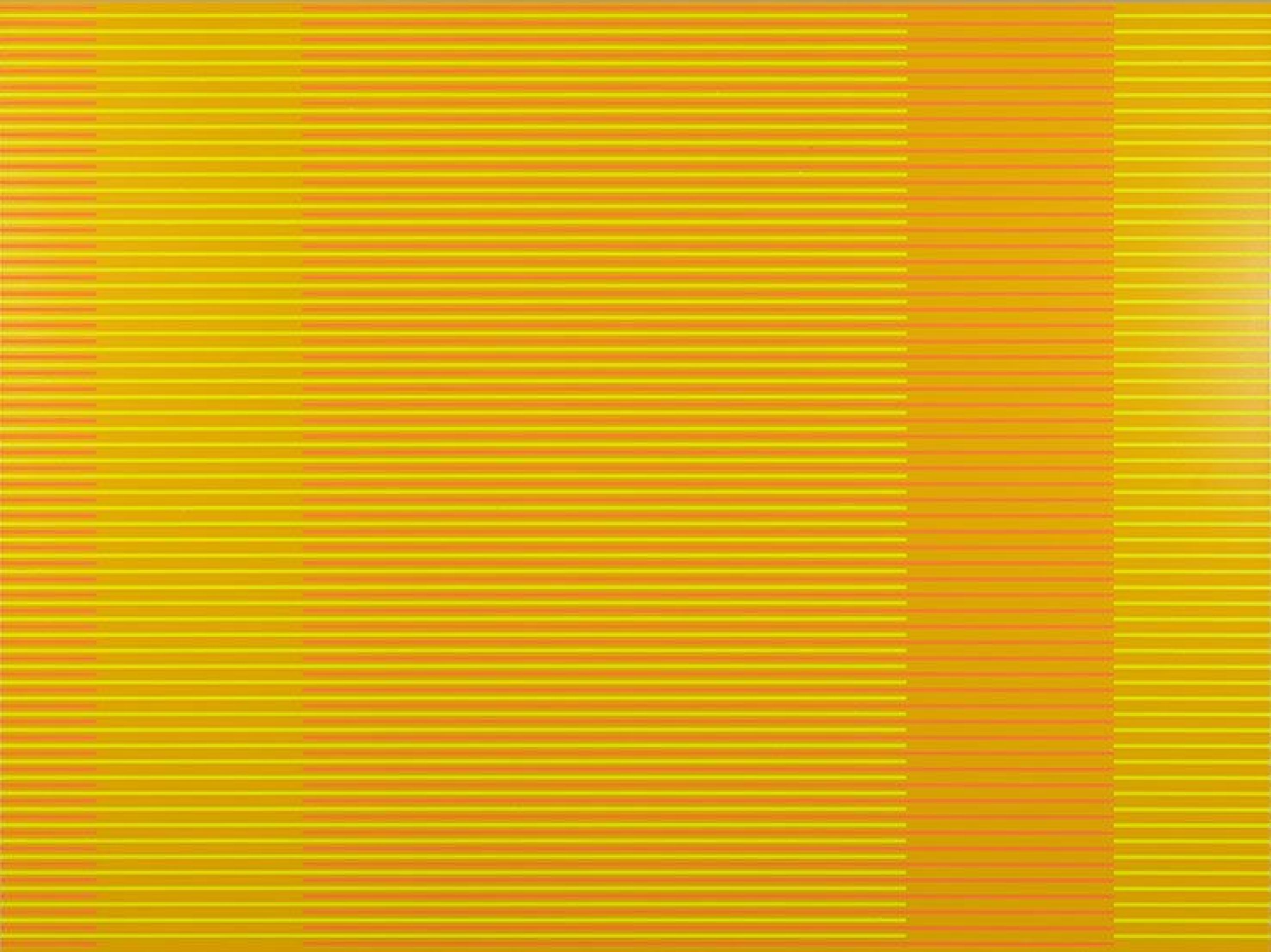 Horizontal stripes in varying shades of yellow and gold traverse the composition, creating a rhythmic pattern across the surface. A vertical band of deeper orange bisects the center, breaking the striped field with a solid, contrasting form.