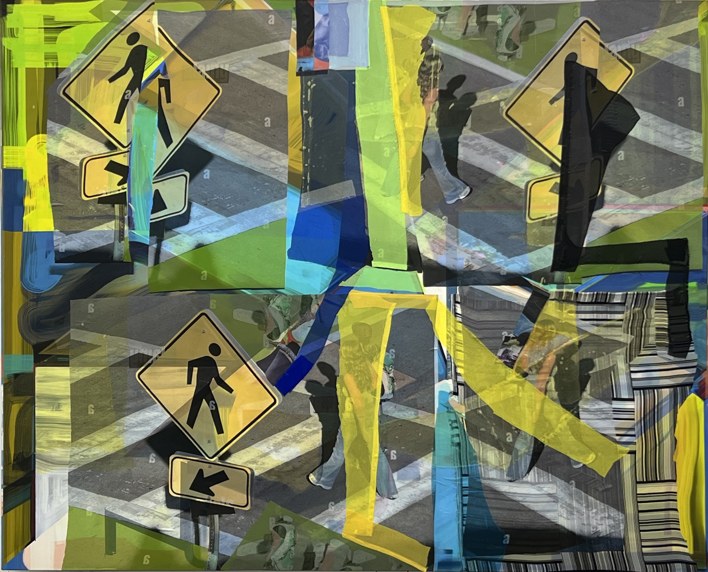 A collage of overlapping street scenes and yellow and blue geometric shapes features repeated pedestrian crossing warning signs with black silhouettes. Fragmented photographs of urban pathways and directional arrows are layered beneath translucent colored planes in a composition that creates visual depth through transparency and juxtaposition.