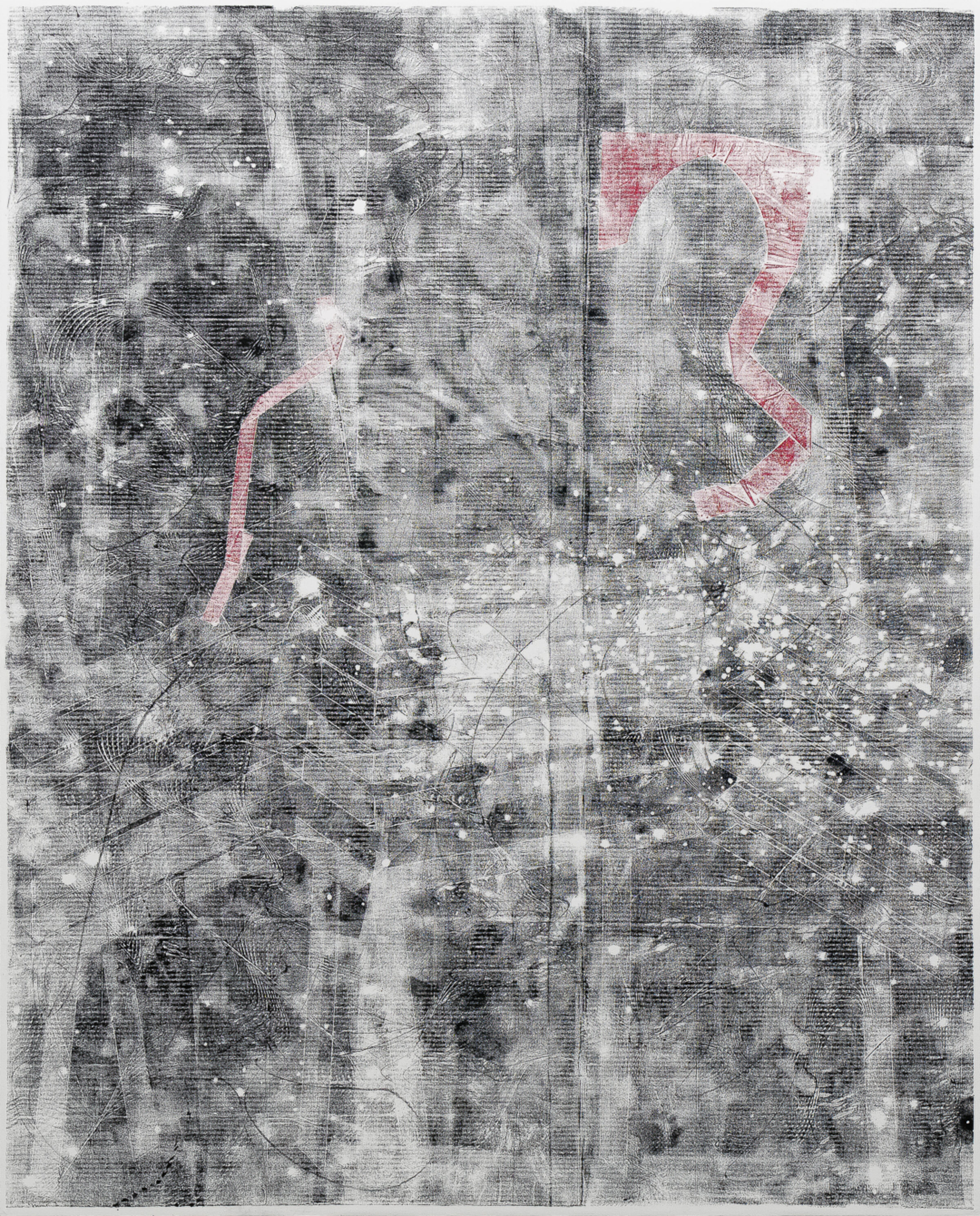 A two-panel abstract composition rendered in black, white, and gray tones with gestural mark-making and layered textures throughout. Bright red curved forms trace across both panels, creating a continuous visual pathway against the predominantly monochromatic, densely textured background.