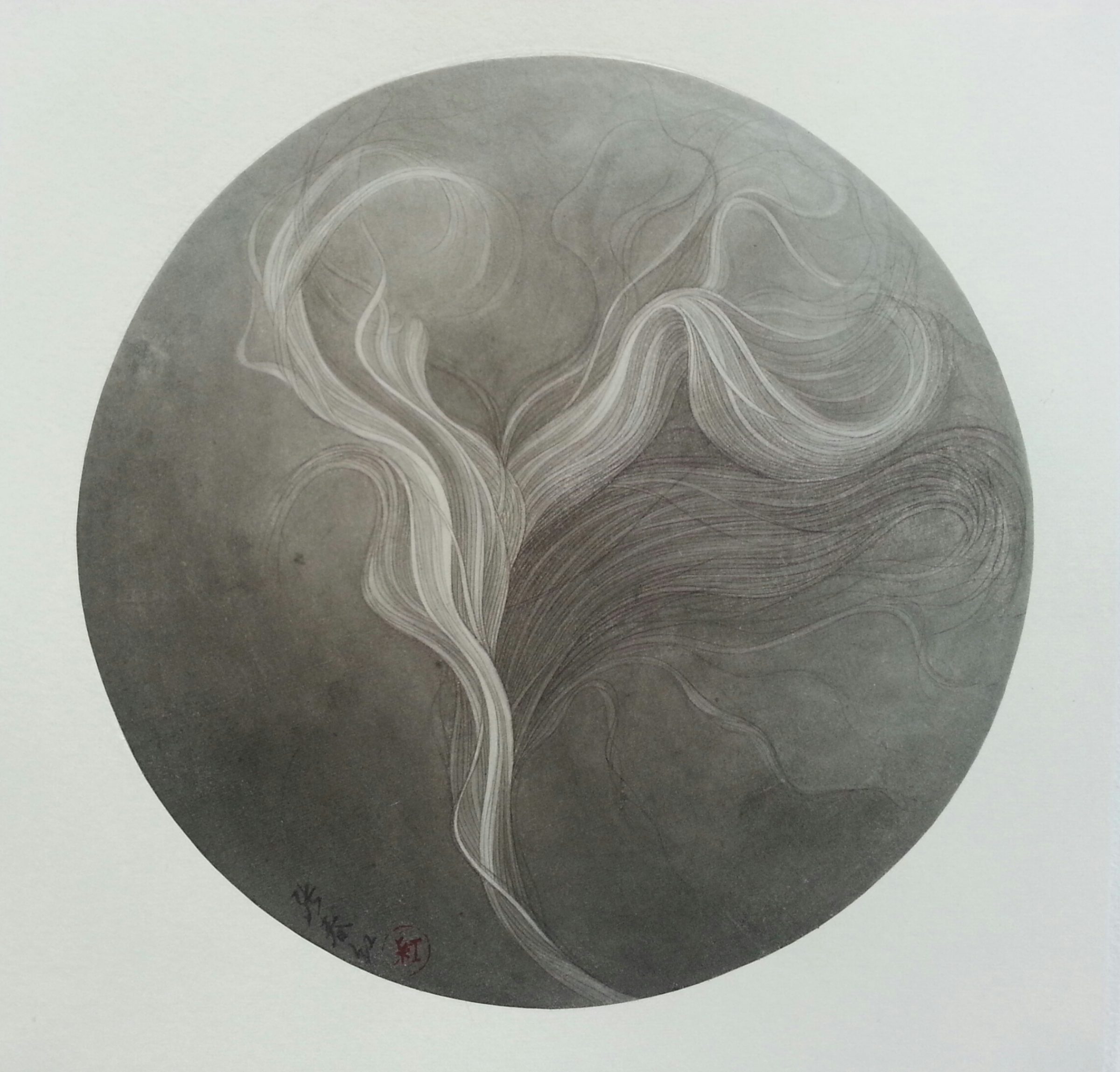 An oval composition in graphite and ink on paper depicting a stylized tree with an ethereal, flowing form. The tree's upper branches spread upward in luminous white and pale gray strokes, while darker charcoal tones dominate the lower trunk and roots, creating a dramatic contrast against the muted gray background.