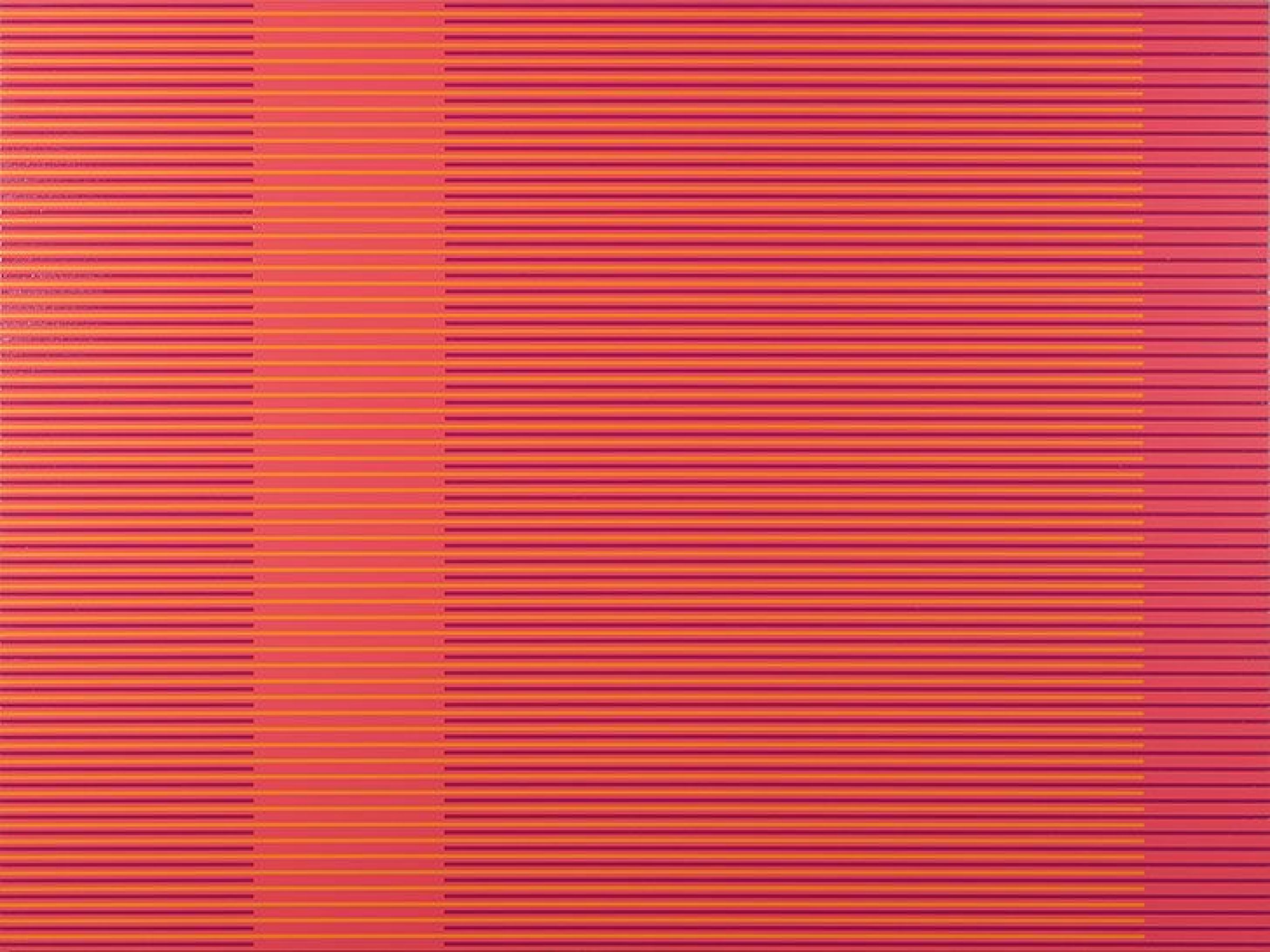 Horizontal stripes in shades of magenta, violet, and orange create a color-field composition across the surface. The stripes vary subtly in width and tone, producing a rhythmic optical effect that shifts between warm and cool tones from left to right.