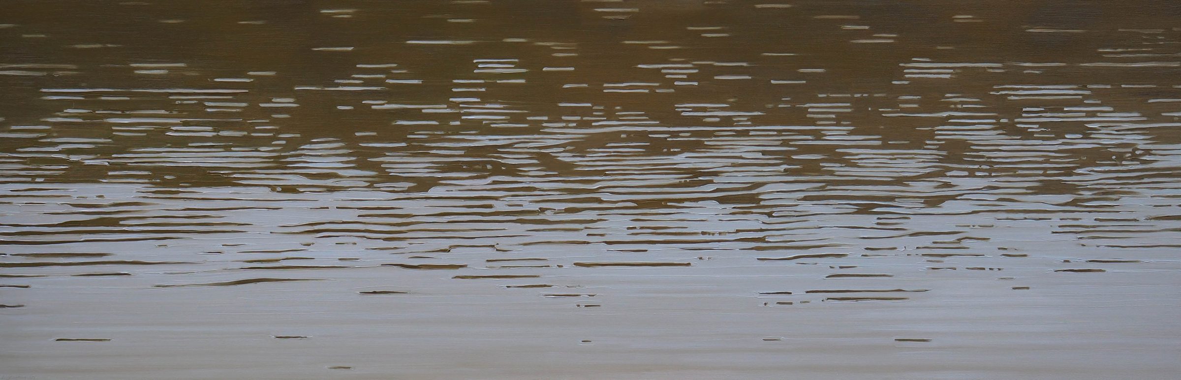 Abstract horizontal composition with layered brushstrokes in muted tones of brown, gray, and blue-gray, creating a textured surface that suggests water or landscape terrain with subtle depth and movement across the panel.