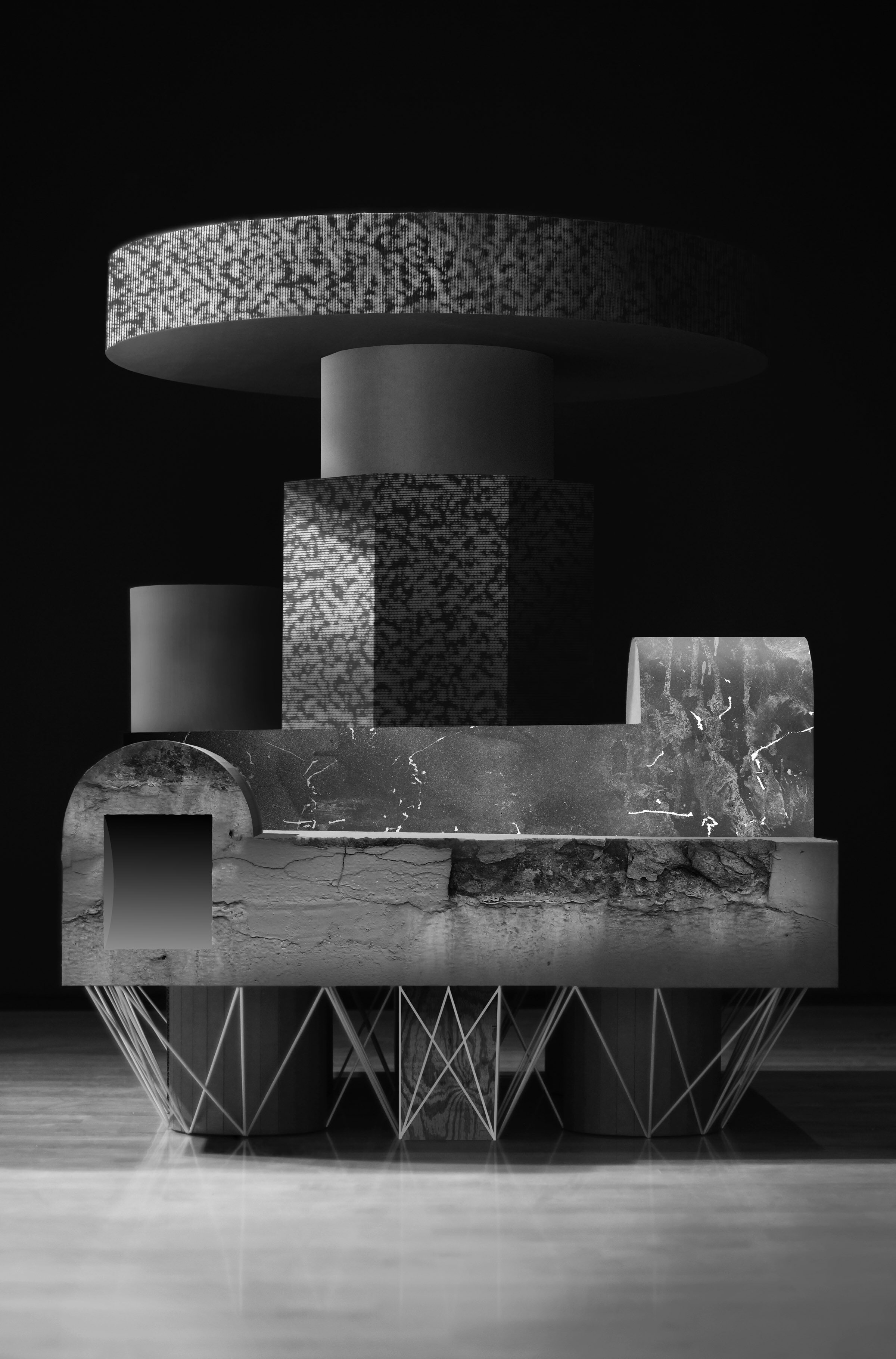 A monochromatic sculptural composition featuring stacked geometric forms—cylinders, rectangular blocks, and curved elements—arranged in an ascending arrangement. The base consists of a textured platform with a geometric wire-frame support structure, while upper elements display varied surface textures ranging from smooth to pixelated patterns, set against a dark background.