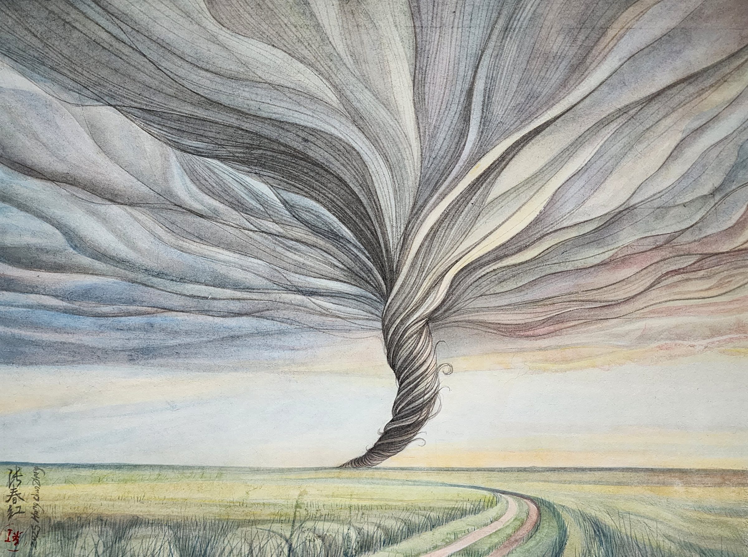 A dramatic tornado or twisting vortex dominates the composition, rendered in intricate linear strokes that fan outward across the sky in shades of gray and charcoal. Below stretches a flat landscape with a winding road cutting through green and golden fields, creating a striking contrast between the turbulent atmospheric phenomenon above and the serene terrain below.