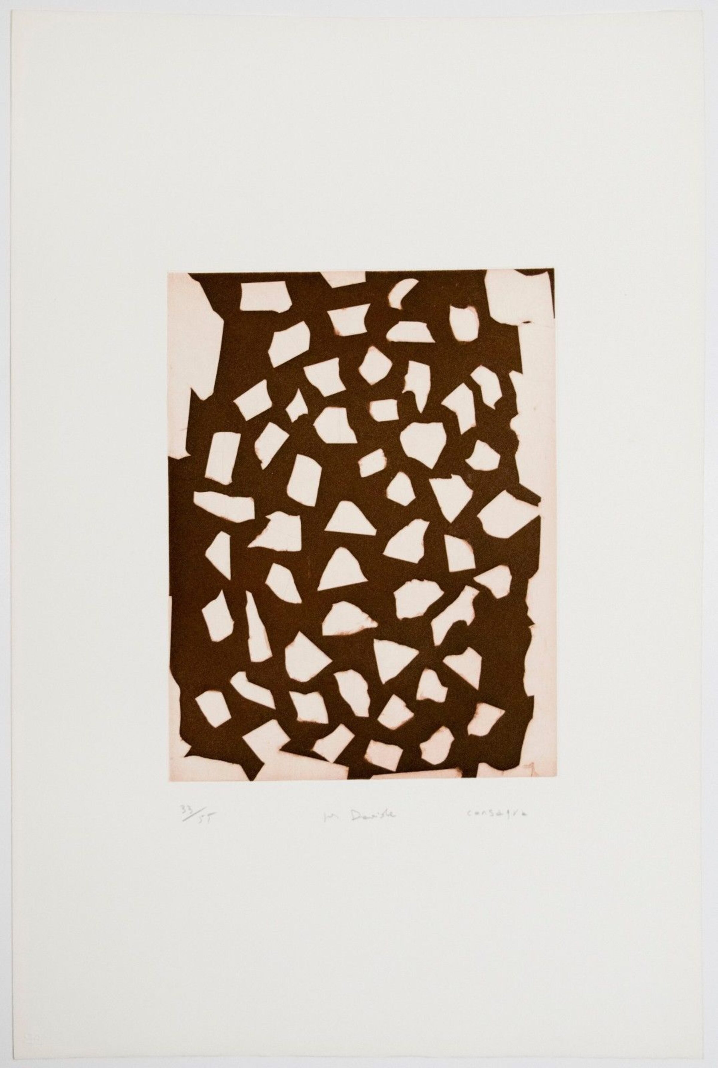 Abstract composition of dark brown irregular fragments scattered across a light cream background, creating a fragmented, interlocking pattern that suggests a divided or shattered form.