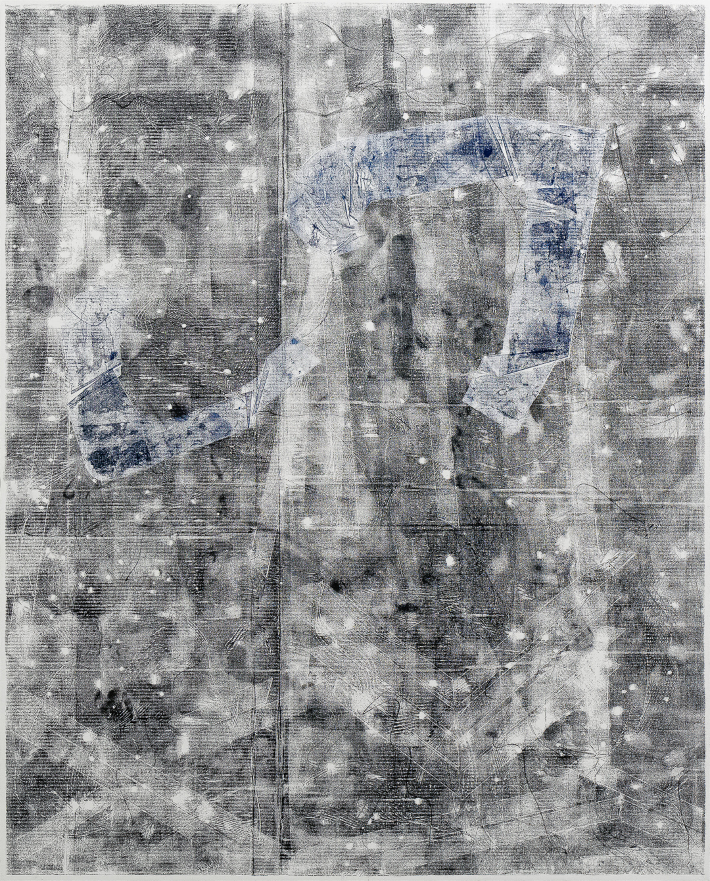 A two-panel diptych featuring densely layered text and gestural marks in black, white, and blue across a light gray ground. The composition is heavily abstracted with overlapping linear patterns, organic forms, and areas of translucent blue that create depth and movement across the canvas surfaces.