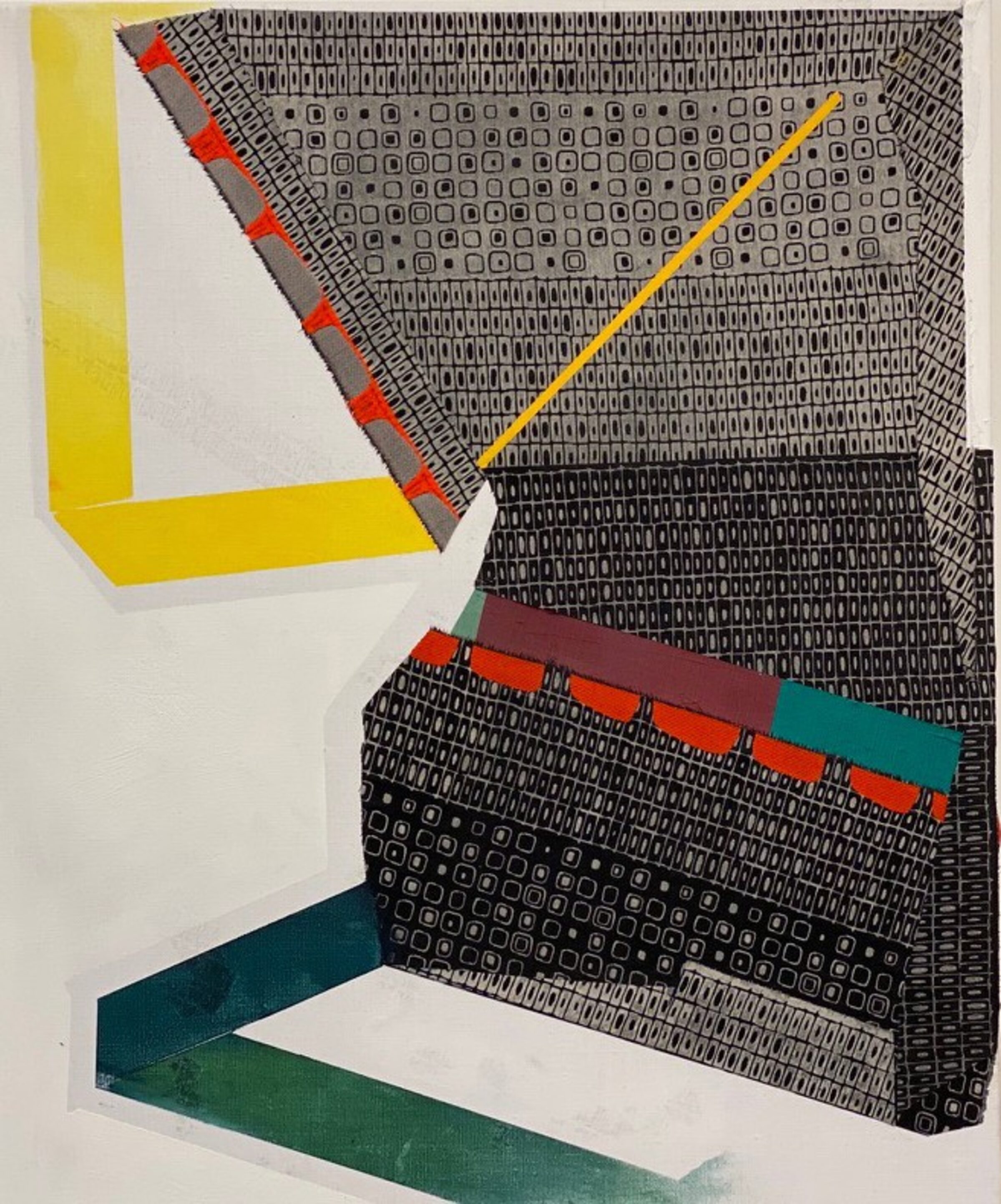 Abstract composition featuring geometric shapes in bold colors—yellow, teal, burgundy, and black—layered against a textured background of densely printed rectangular patterns. A diagonal yellow line traverses the composition, while solid colored bands and blocks create a sense of depth and dimensional form against the intricate, repetitive printed surface.