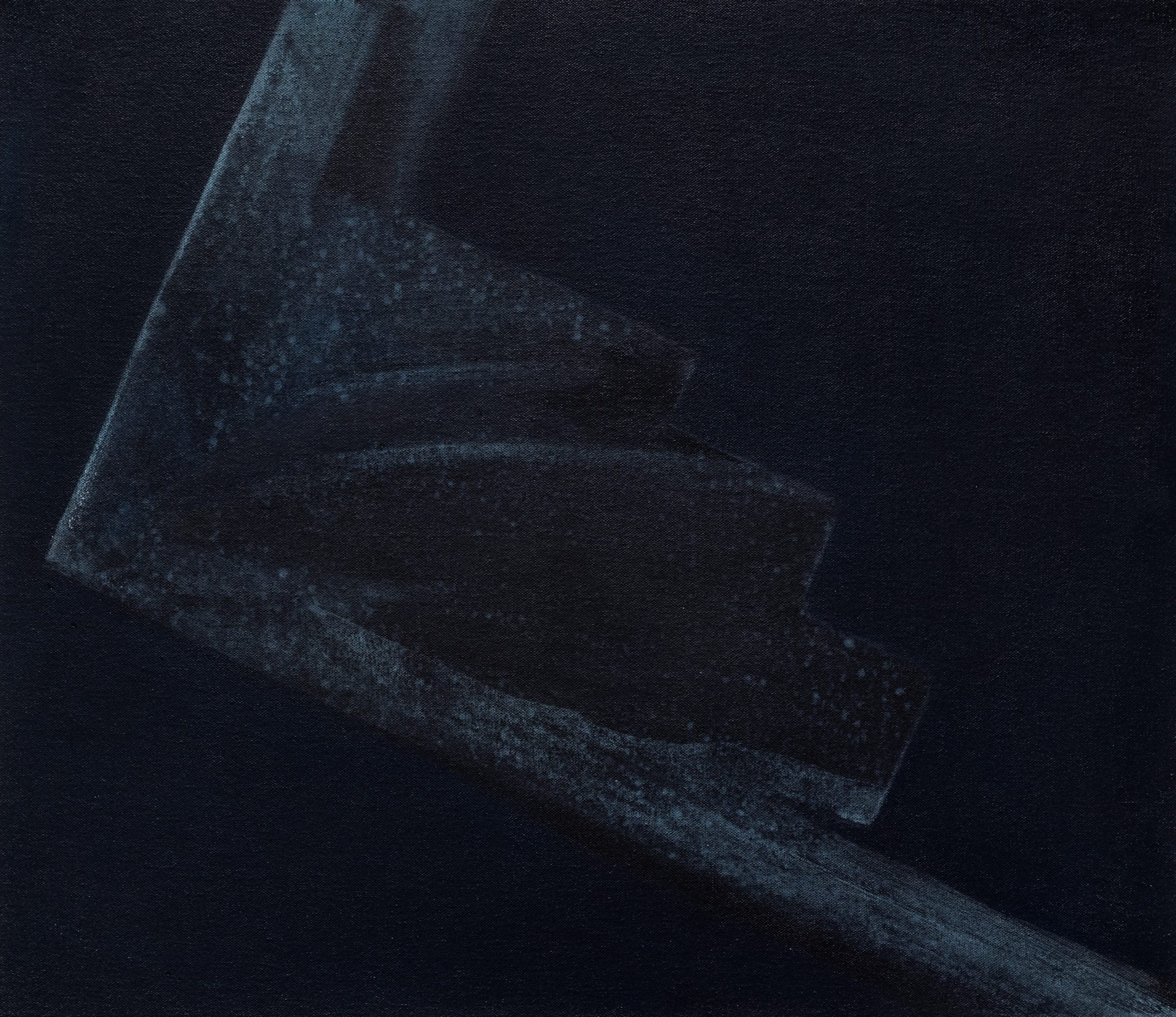 Abstract composition in deep navy and charcoal tones depicting geometric forms that suggest architectural or sculptural elements, with layered planes and subtle textural variations creating depth against a dark background.
