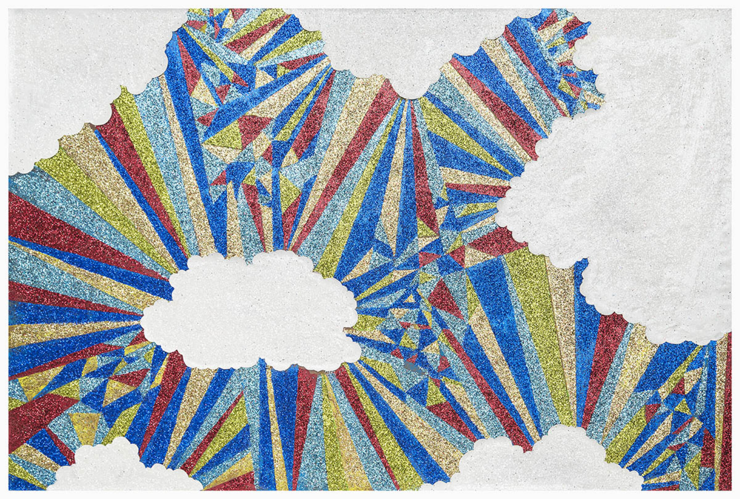 Radiating stripes of blue, red, yellow, and turquoise glitter emanate outward from two white cloud-like forms at the center, creating a dynamic starburst composition against a textured gray background.