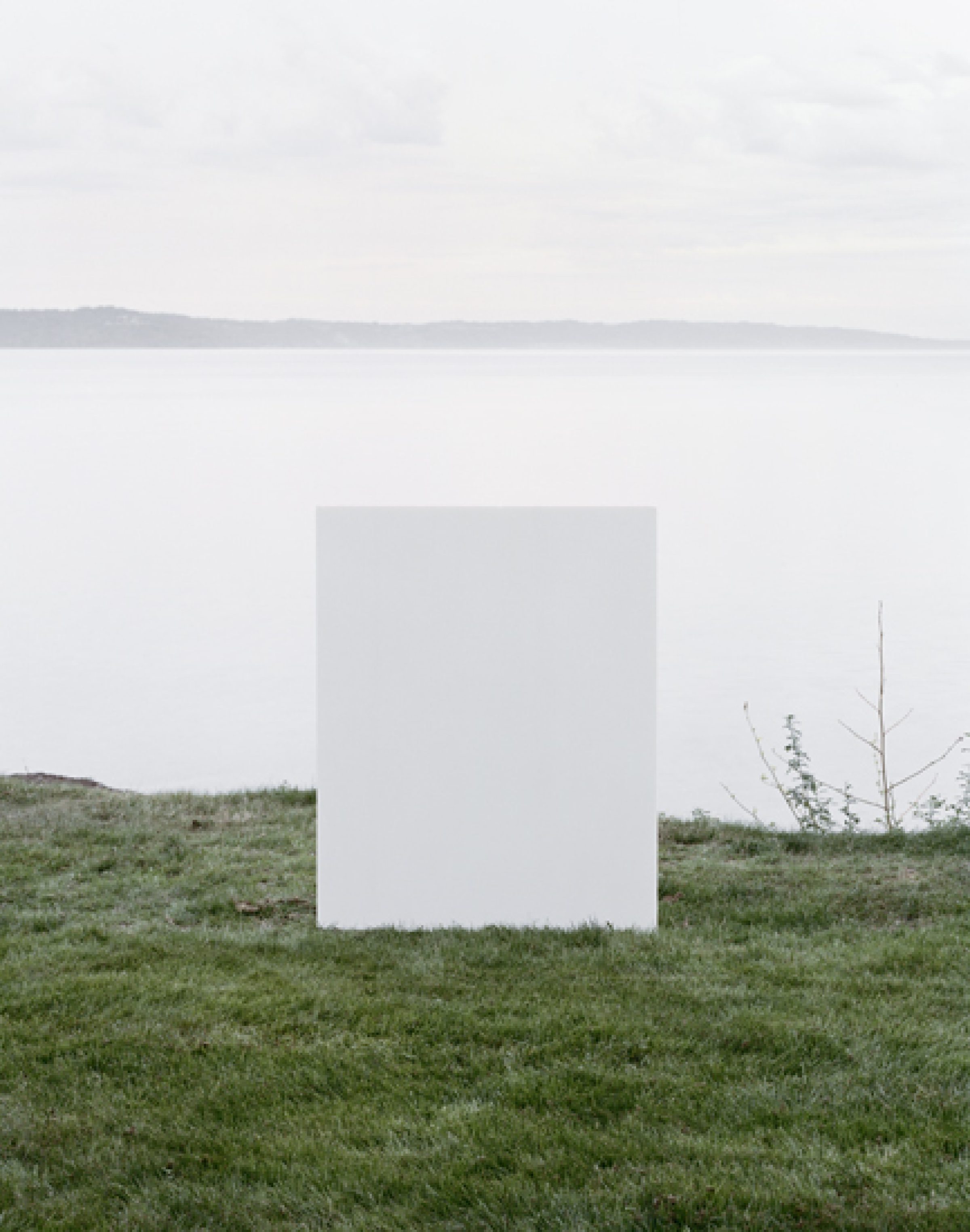 A large white rectangular form stands centered in a grassy field overlooking a calm body of water and distant shoreline under an overcast sky. Sparse dried vegetation and a leafless branch appear to the right of the geometric structure.