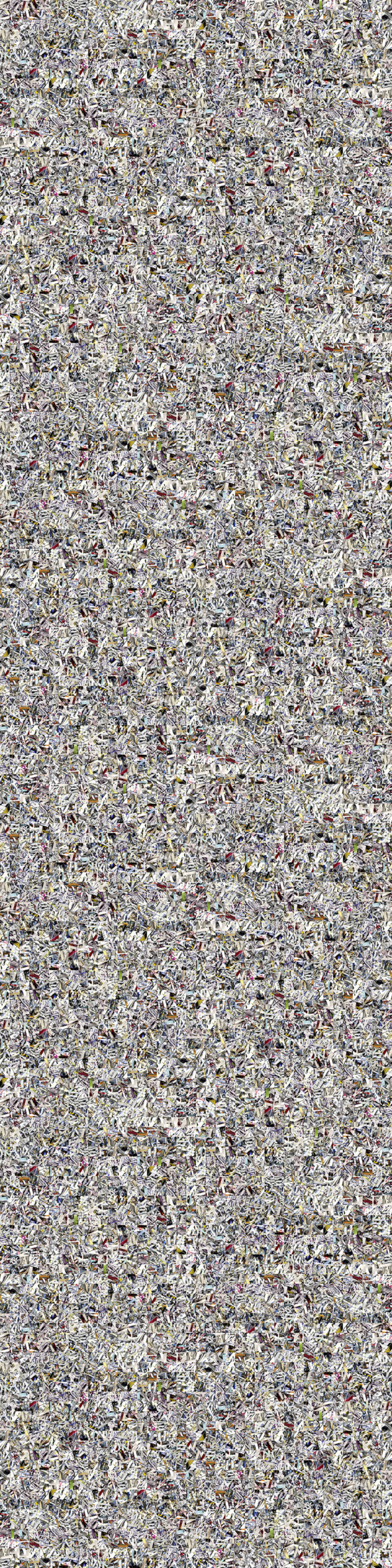 A densely layered abstract composition filled with intricate gestural marks, fragmented text, and overlapping linear elements in muted tones of gray, purple, olive, and cream. The surface appears chaotic and highly textured, with no clear focal point, creating an all-over pattern that suggests accumulated marks or collaged fragments compressed into a unified field.