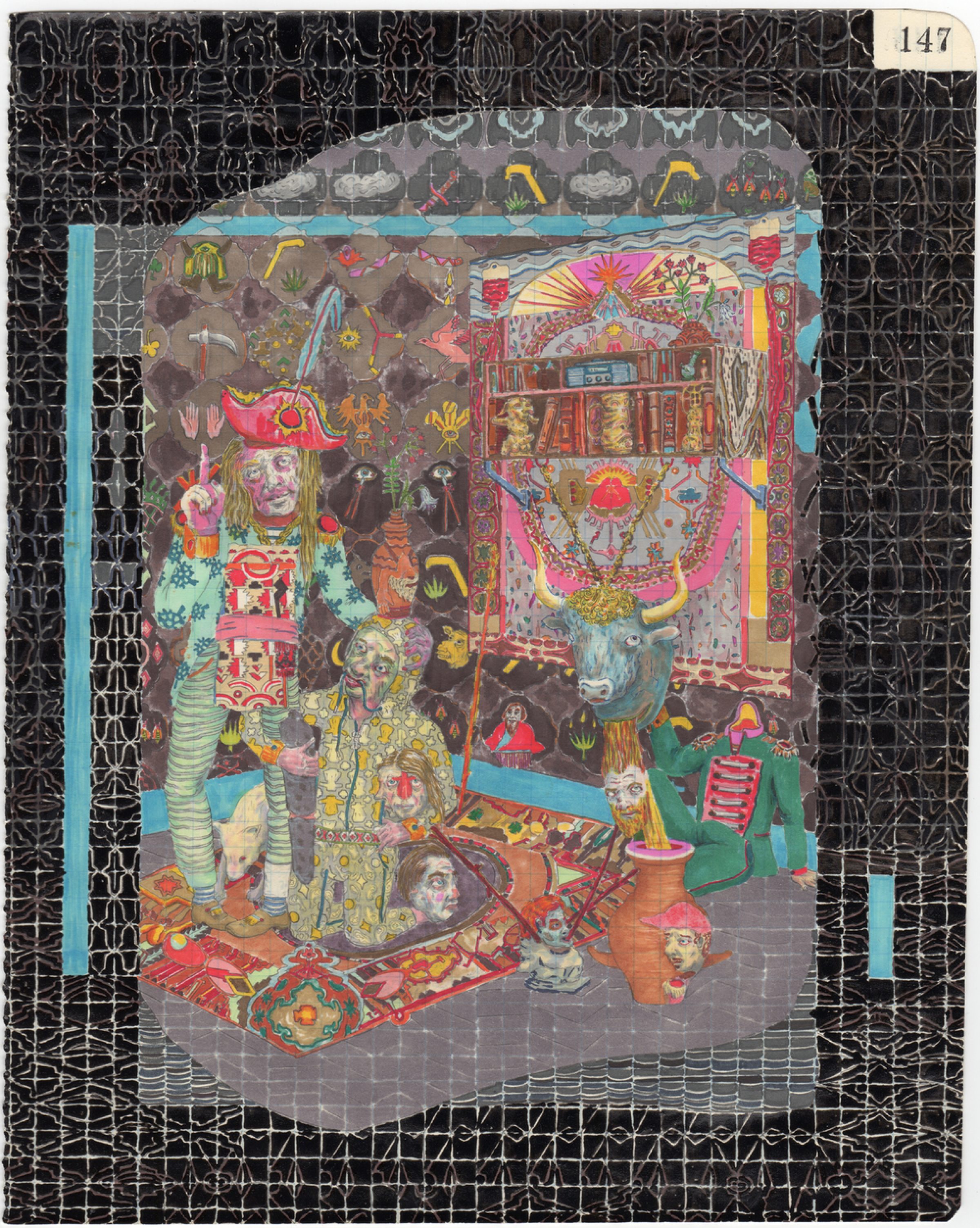 An intricately detailed graphite drawing on paper depicting a densely populated interior scene filled with fantastical and surreal elements. The composition features ornate architectural details, vibrant patterns, numerous figures in various states of interaction, decorative objects, and layered spatial depth, all rendered with meticulous linework and shading in black, white, and gray tones.