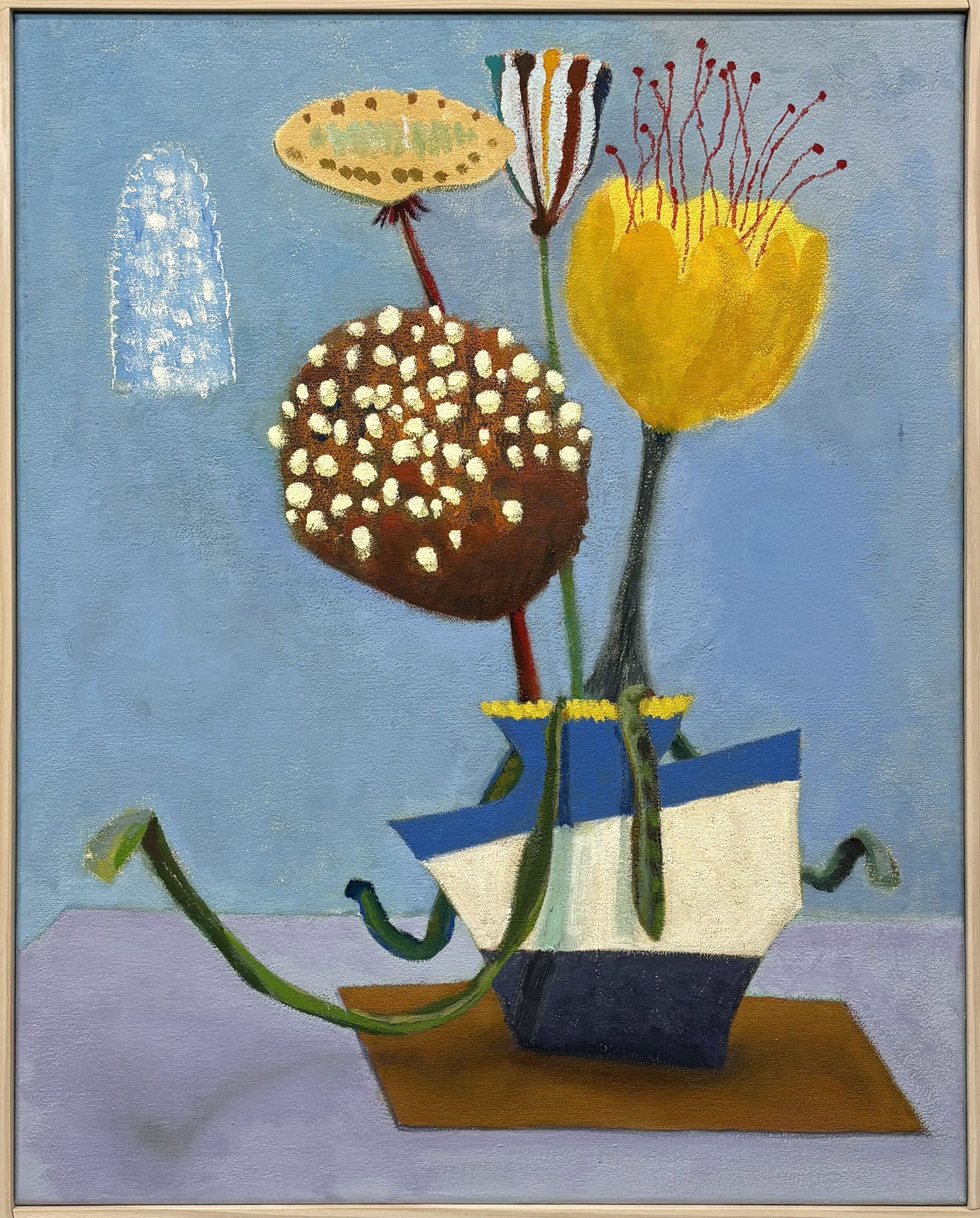 A whimsical still life painting featuring three stylized flowers with elongated stems emerging from a decorative boat-shaped vessel with blue and white striping, set against a soft blue background. The composition includes a pale yellow flower with delicate stamens, a dark brown spherical bloom dotted with cream-colored spots, and a smaller pale yellow flower, accompanied by curling green stems and a white form in the upper left corner.