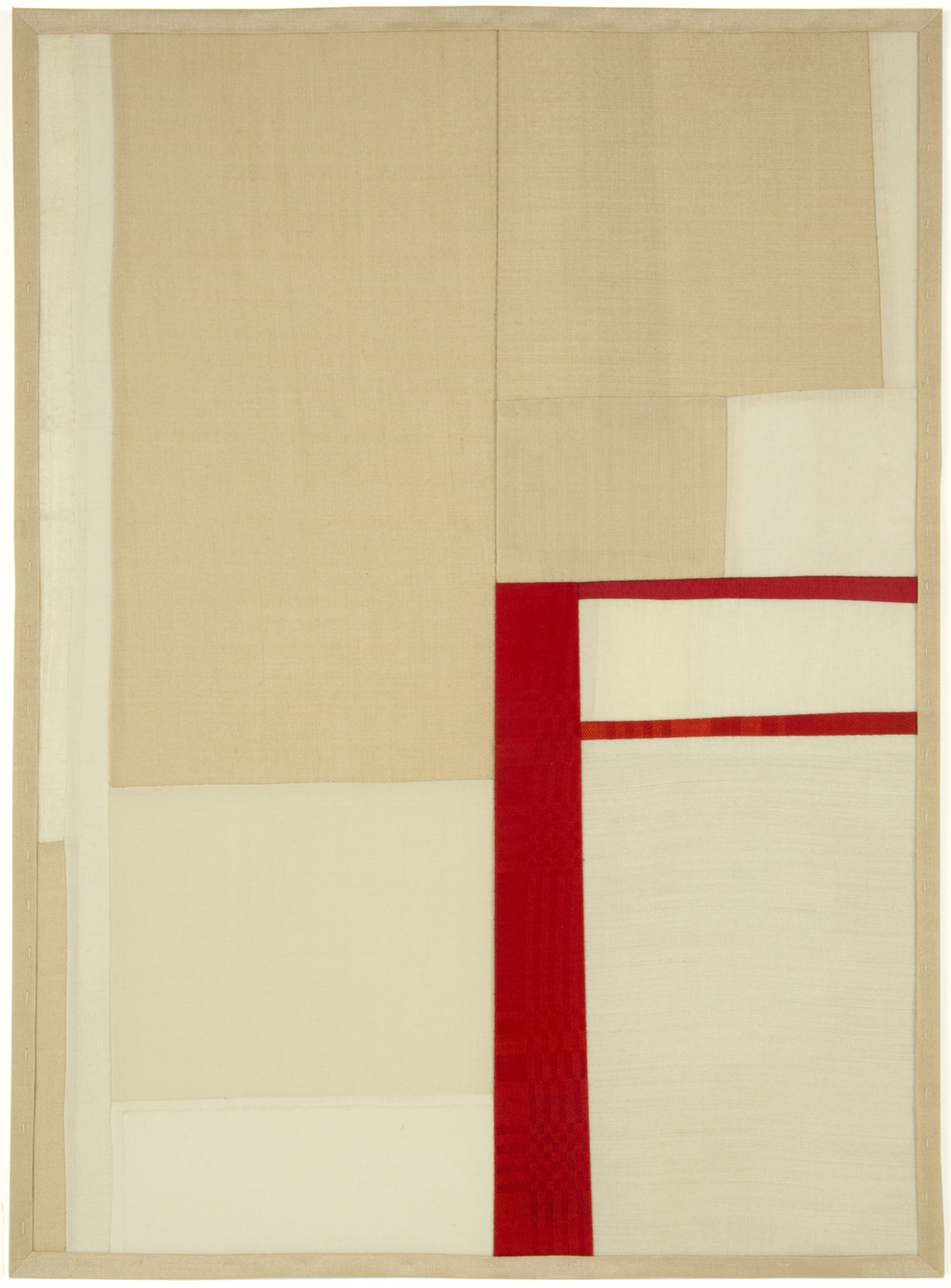 Abstract composition featuring geometric rectangular forms in cream, tan, and beige tones, with a bold vertical red stripe intersecting horizontal red bands on the right side, creating a modernist arrangement against a natural linen frame.