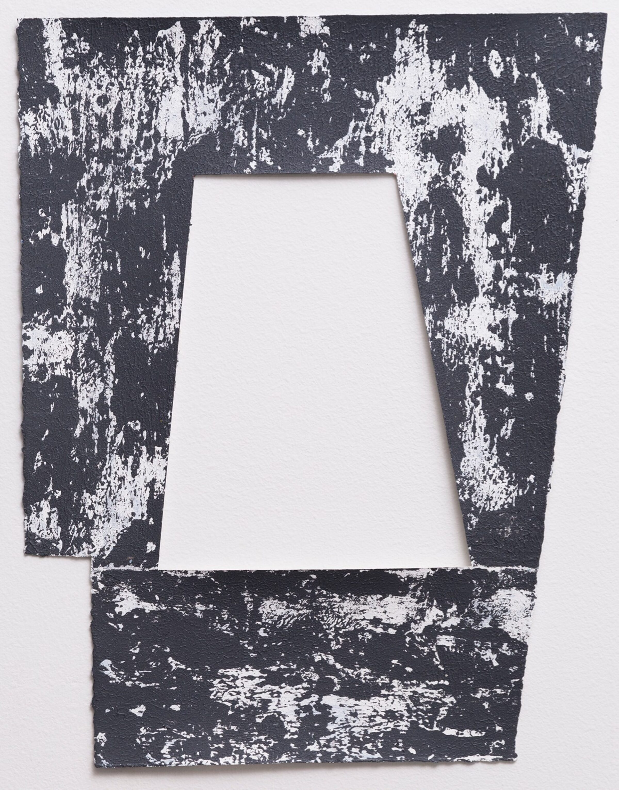 A distressed frame composition with a central white trapezoid aperture surrounded by heavily textured dark charcoal and white paint creating an aged, deteriorated surface effect. The irregular splattering and chipping across the entire work creates a sense of decay and layered abstraction.