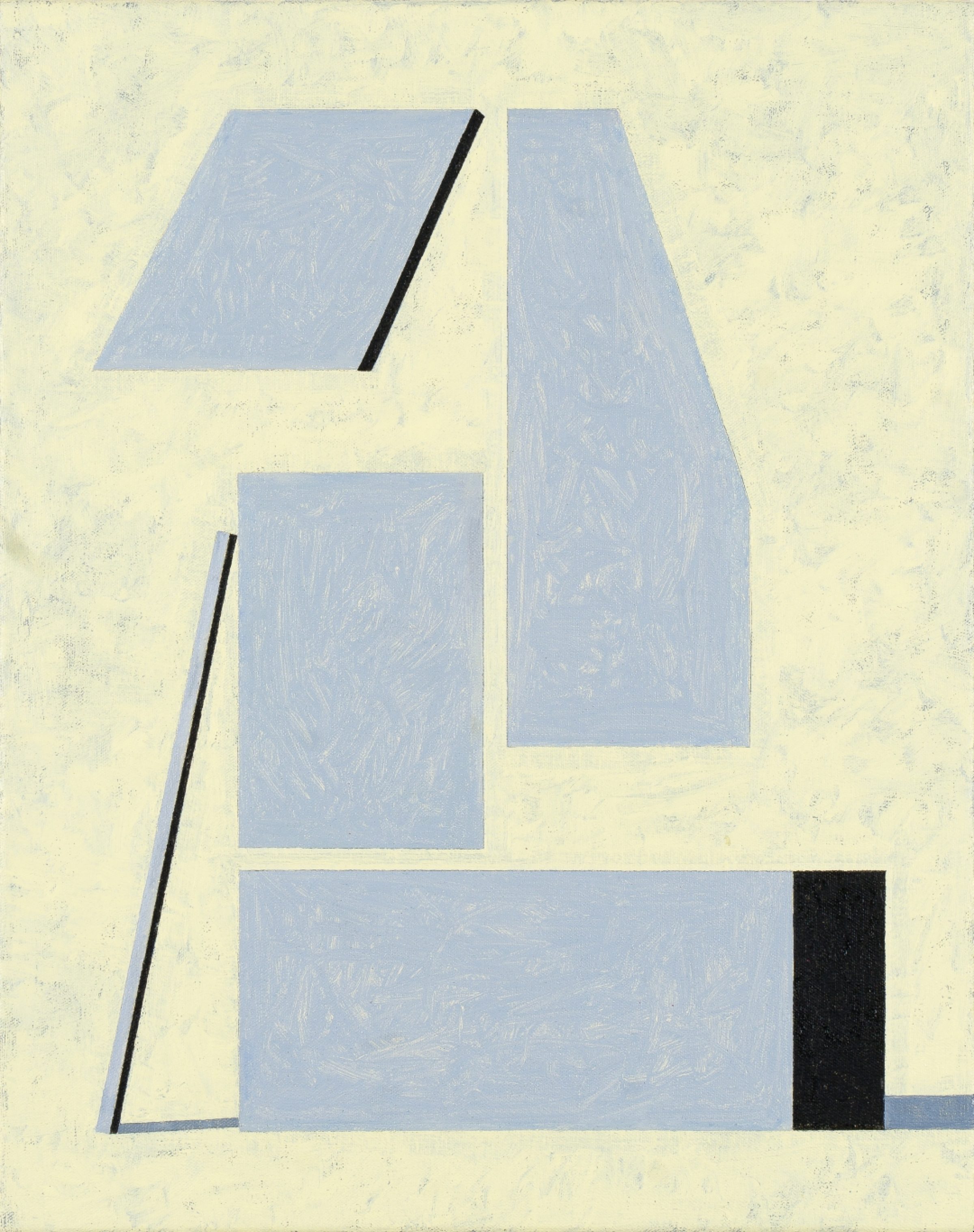 Abstract composition of light blue geometric shapes arranged vertically against a cream background, accented with black linear elements and a small dark rectangle. The forms suggest an architectural or constructivist aesthetic with layered, angular planes.