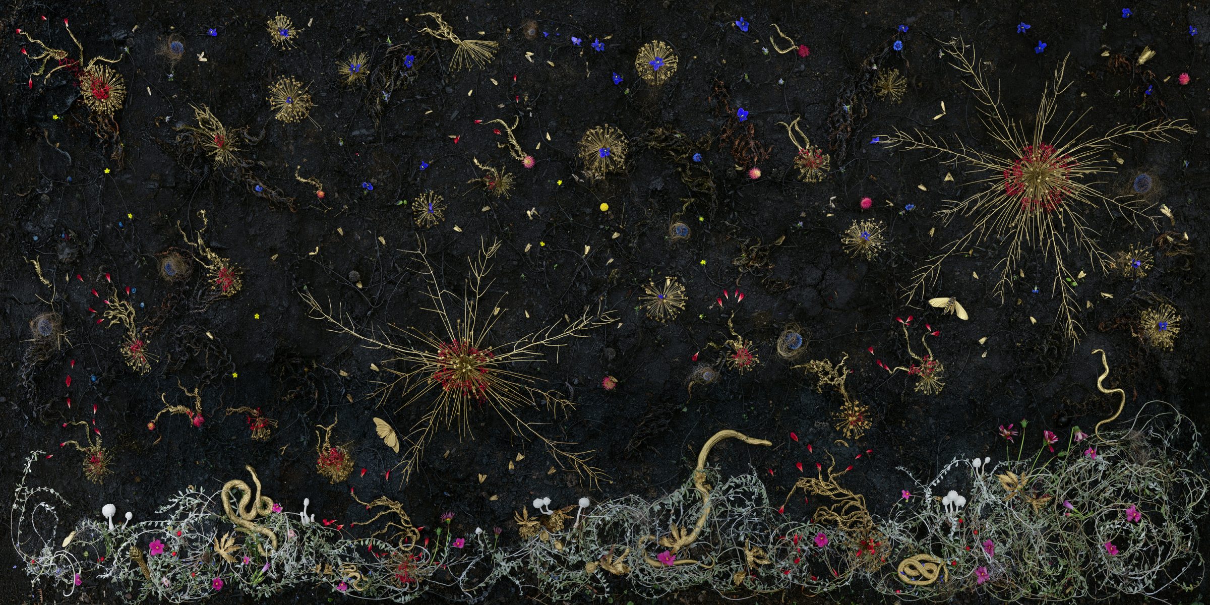 Intricate illustration on a dark background featuring luminescent botanical and cosmic imagery, with bioluminescent pigments creating glowing orbs, radiating starburst forms, and delicate plant tendrils in blues, reds, yellows, and whites. A dense, ornamental garden of otherworldly flora anchors the lower portion, while ethereal organisms and branching structures float throughout the composition.