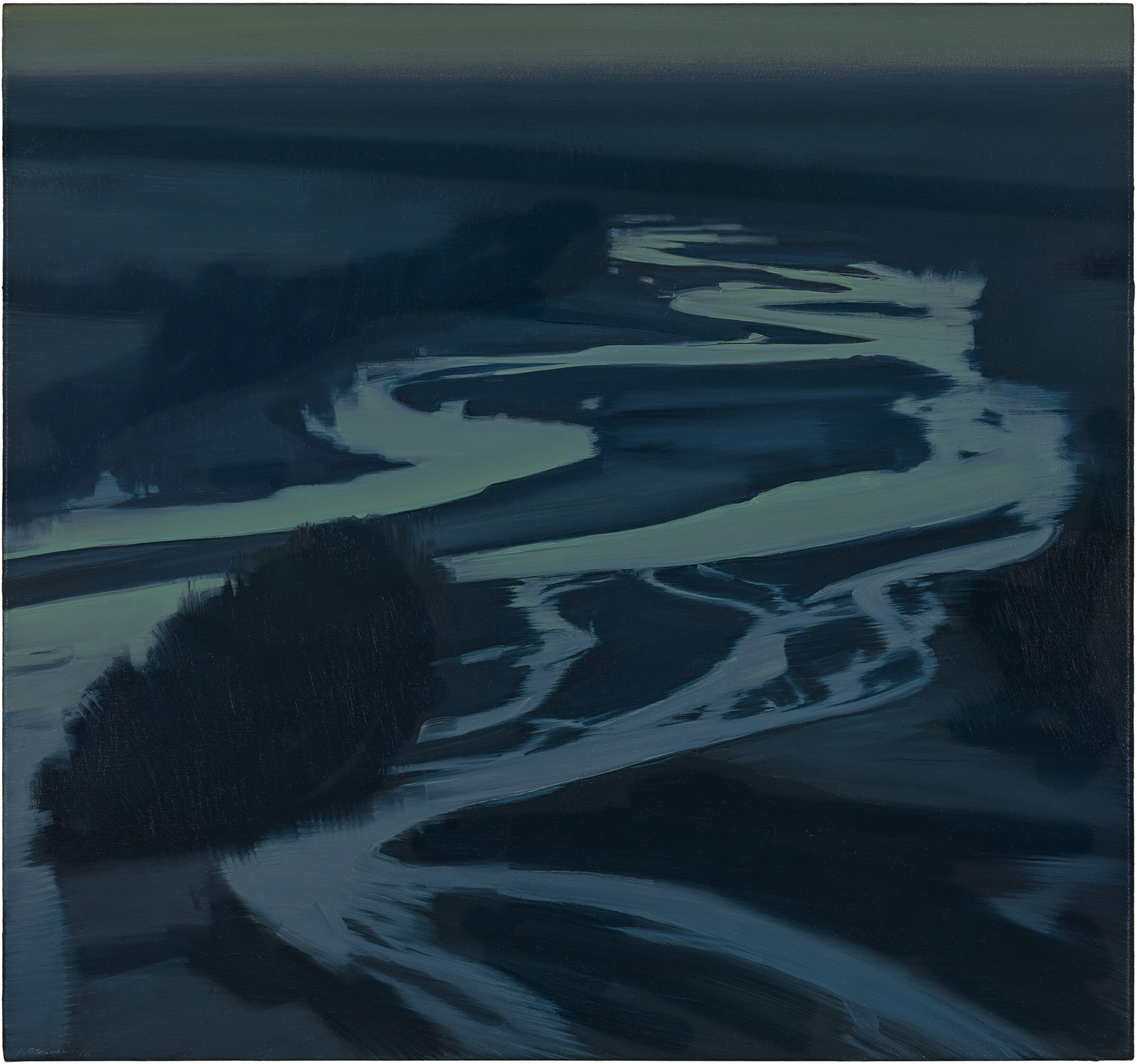 Aerial view of a winding river with pale blue-green water snaking through dark forested landscape, rendered in muted tones with loose, atmospheric brushwork that emphasizes the sinuous curves of the waterway against the surrounding darkness.