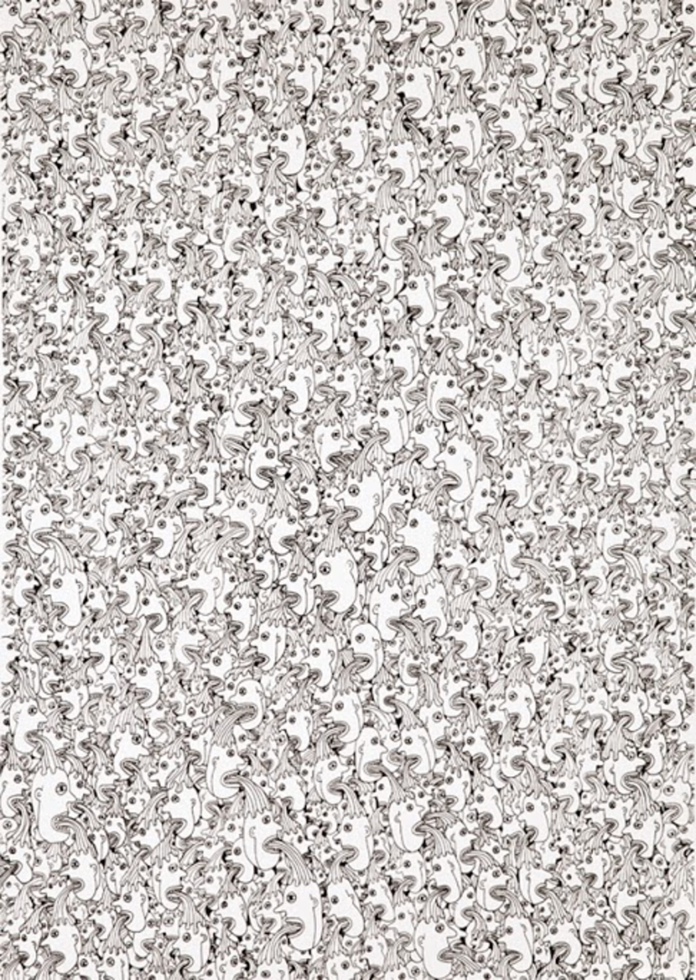 Densely layered black ink linework on white paper creates an intricate, all-over pattern of intertwining organic forms—curved lines, botanical motifs, and gestural marks that repeat vertically across the composition with rhythmic variation. The meticulous, repetitive quality builds a mesmerizing visual field that oscillates between figuration and abstraction.