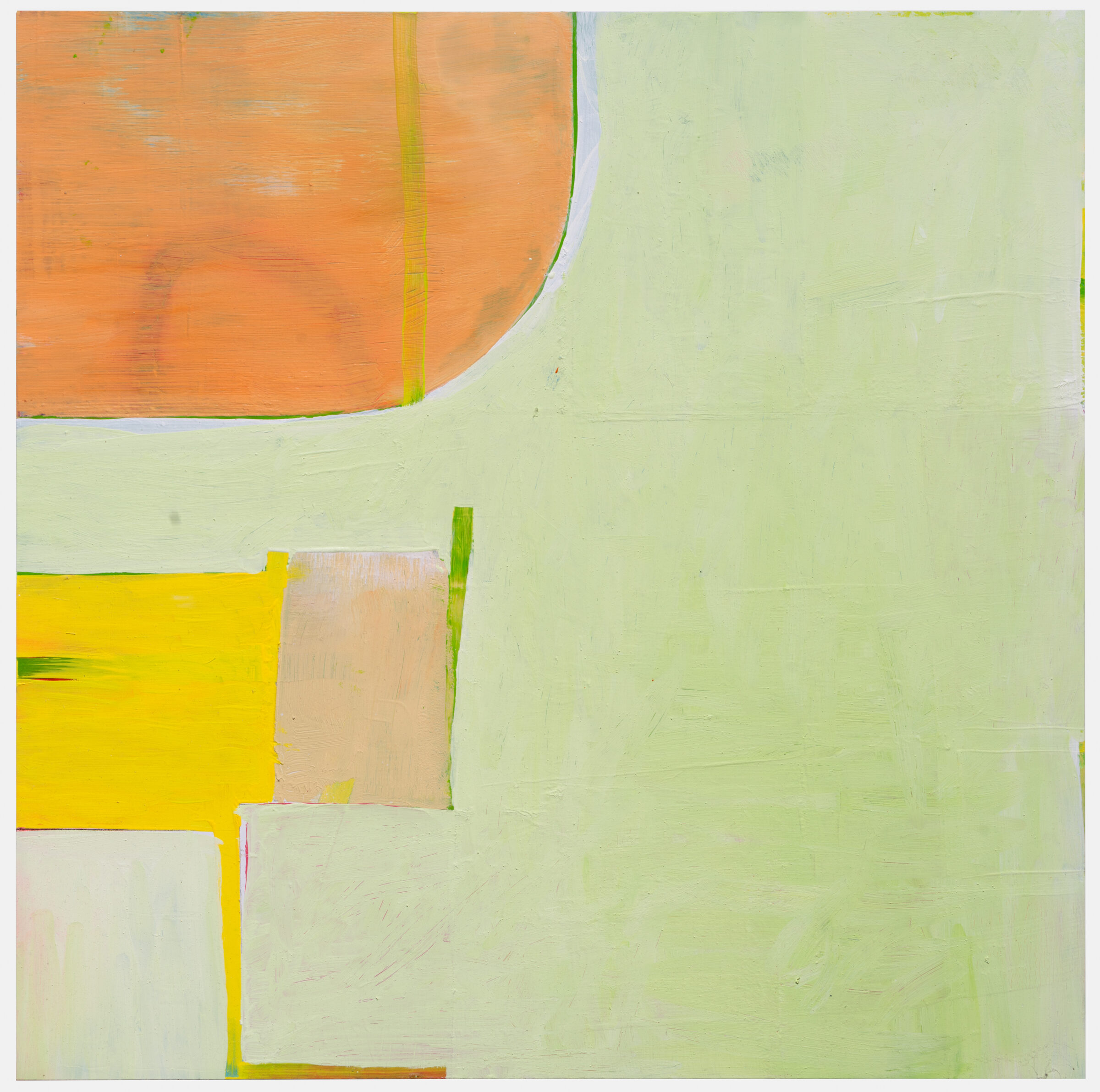 Abstract composition with geometric shapes in vibrant colors—orange, yellow, and pale green—separated by lime green lines. Soft brushstrokes and layered paint create a minimalist arrangement of overlapping rectangular and curved forms against a soft sage green background.
