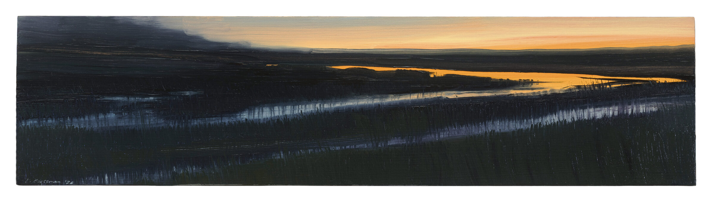 A horizontal landscape painting depicting a wetland or floodplain at dusk, with dark forested areas flanking a luminous waterway that reflects golden and amber light from the sky. The composition emphasizes atmospheric depth, with warm tones concentrating along the water's surface and gradually transitioning to cooler blues and deep charcoal shadows in the surrounding vegetation and distant hills.