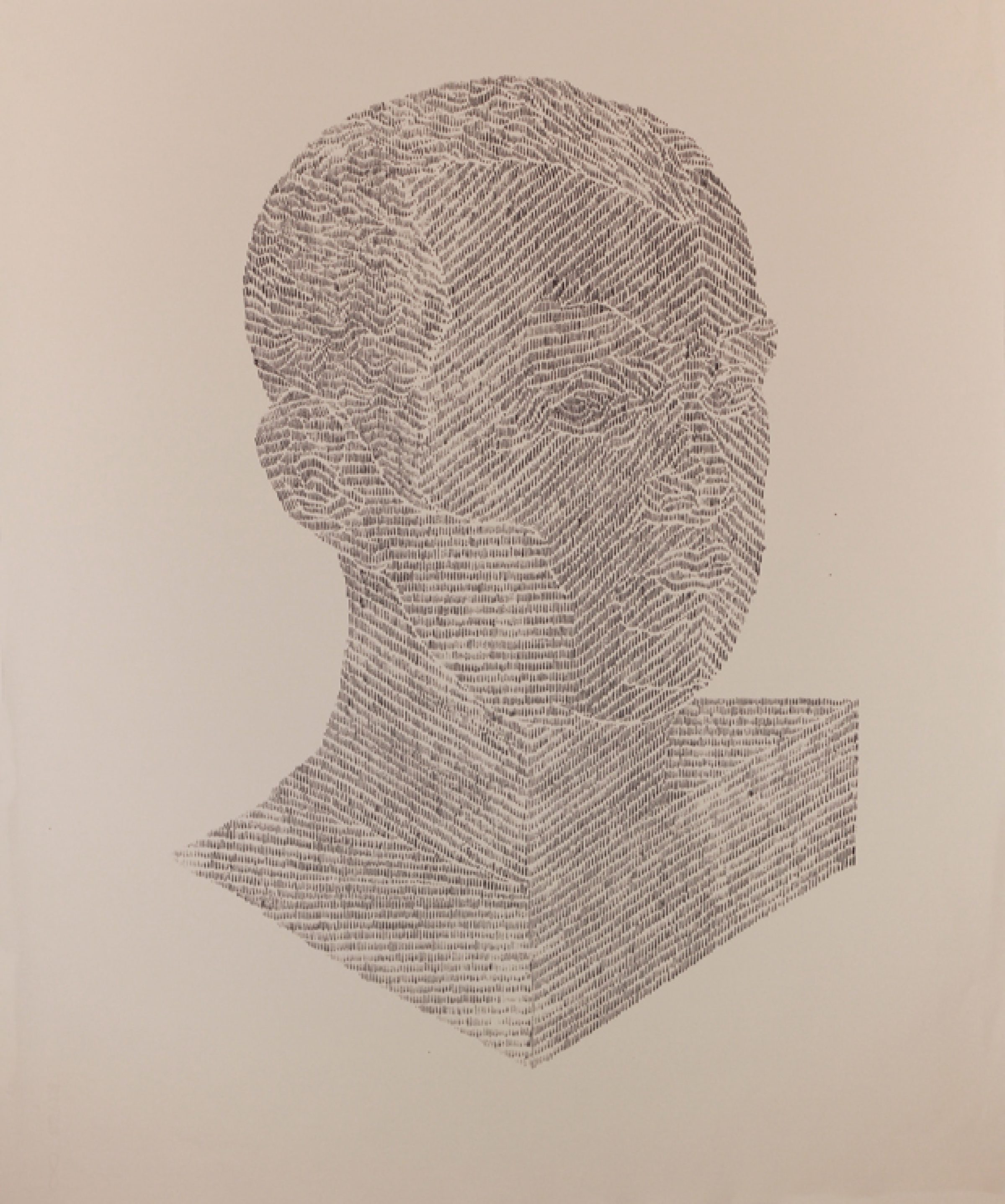 A monochromatic bust rendered in fine linear hatching in graphite and silver ink against a neutral beige background. The portrait-style sculpture is shown from the shoulders up, with subtle dimensional modeling created entirely through directional line work that suggests form and shadow.