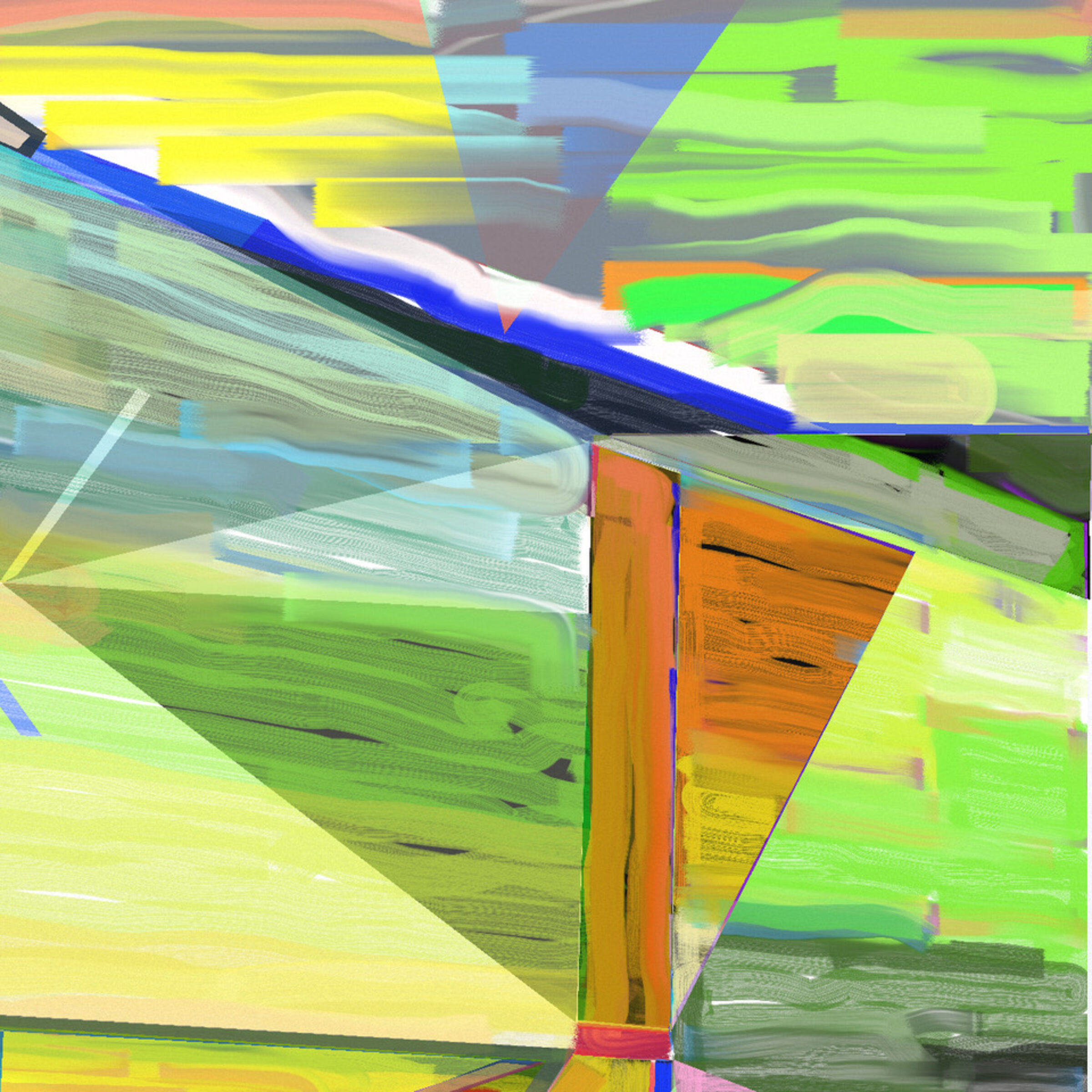 Abstract digital composition with overlapping geometric forms in vivid lime green, yellow, blue, and orange. Horizontal and diagonal lines create a fragmented, glitched aesthetic with layered transparency effects and streaked, pixelated textures throughout.
