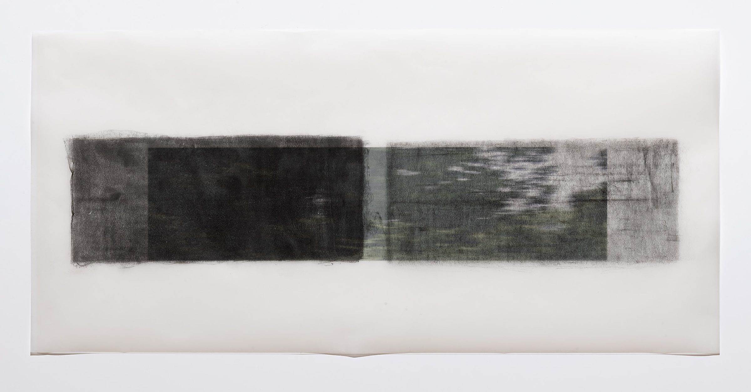 Horizontal graphite rubbings on translucent vellum creating overlapping rectangular forms that transition from deep black on the left to lighter gray tones on the right, mounted on white paper with soft, indistinct edges.