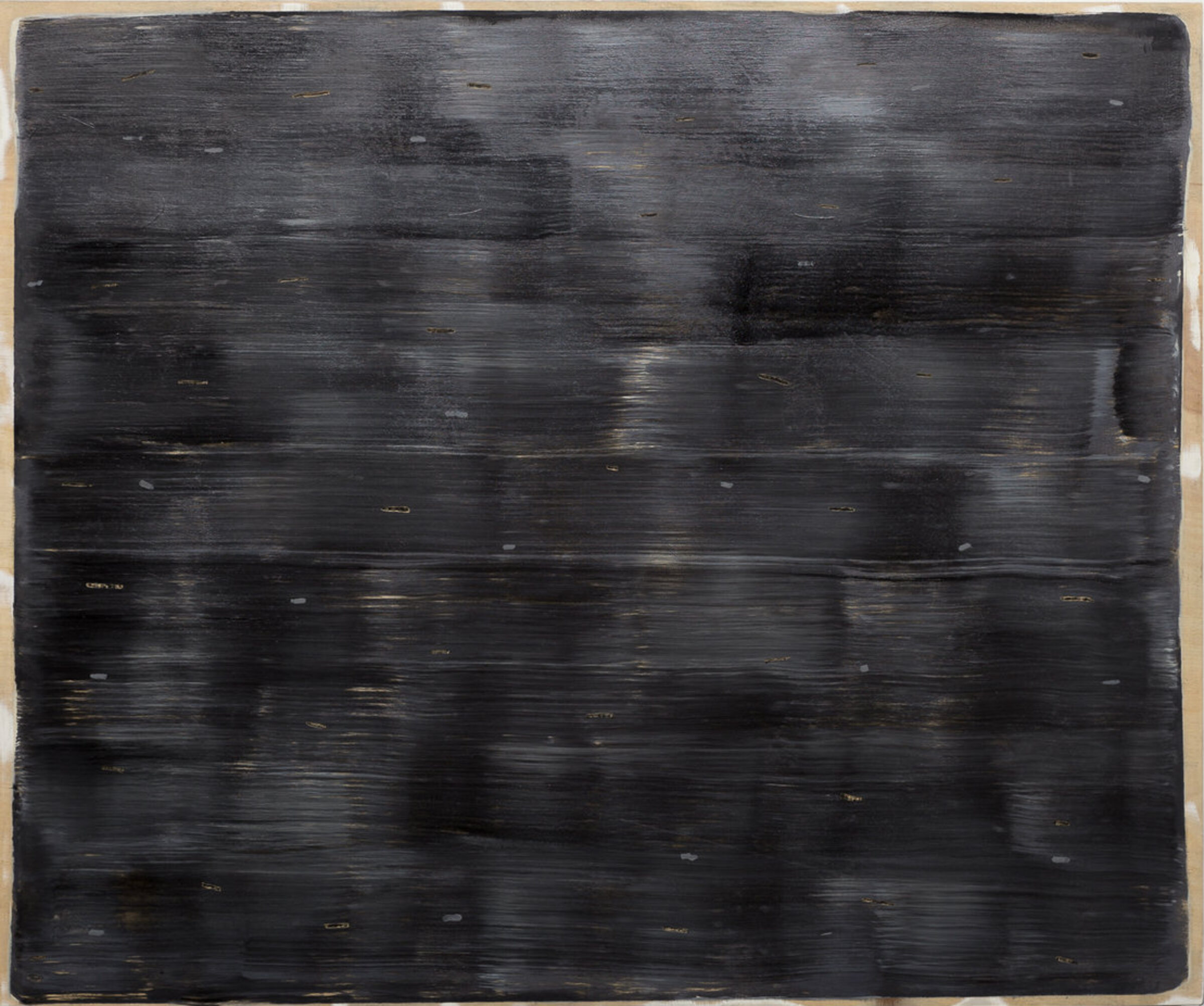 Dark abstract composition featuring horizontal brushstrokes and layered marks across a predominantly black surface, with subtle variations in tone and occasional metallic accents creating depth and movement across the panel.
