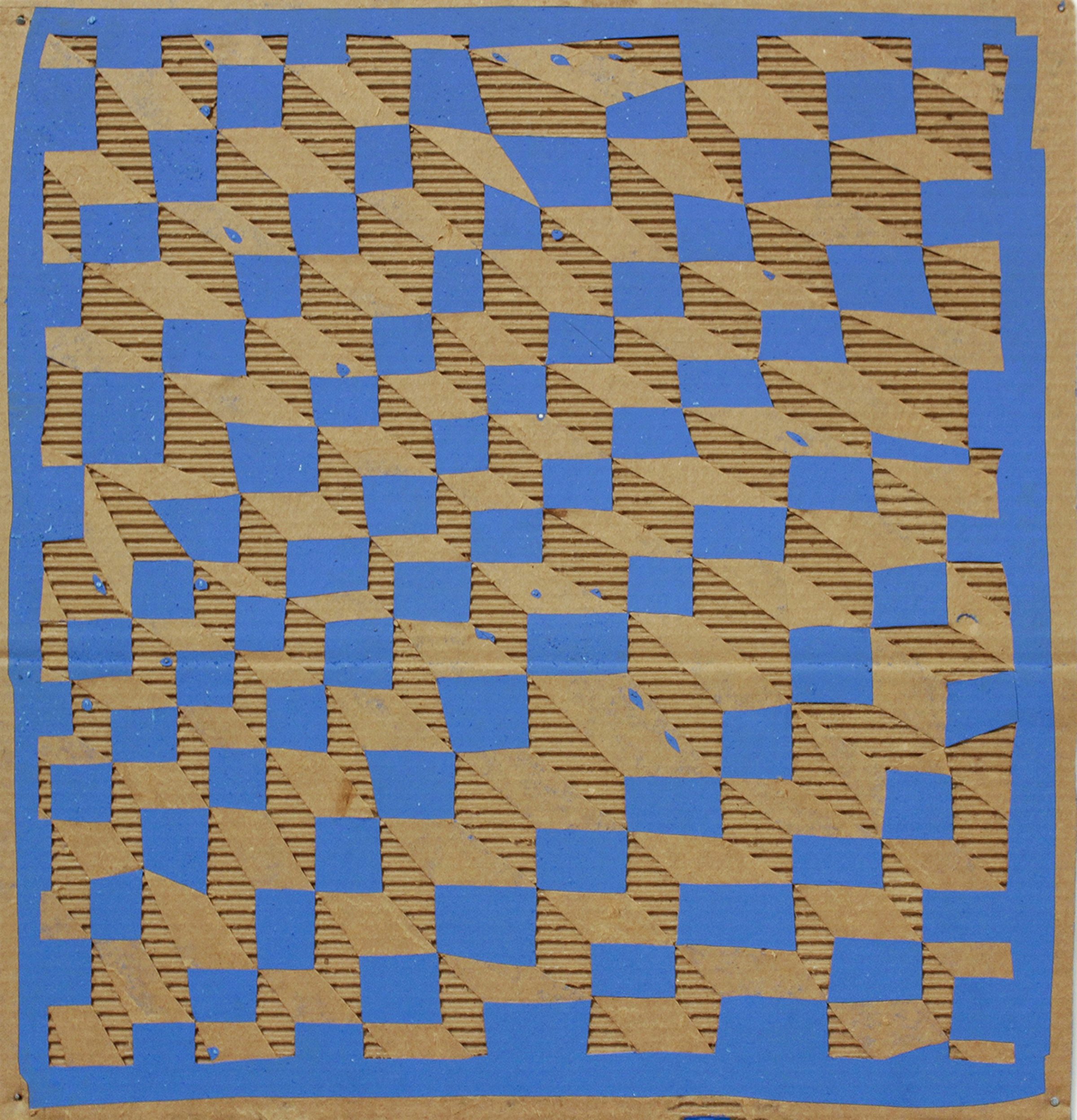A checkerboard pattern of bright blue and tan squares covers a cardboard surface, with diagonal linear textures visible across the tan sections. The blue squares form a clean geometric grid while the underlying corrugated cardboard shows through in places, creating areas of visual depth and weathered abstraction.