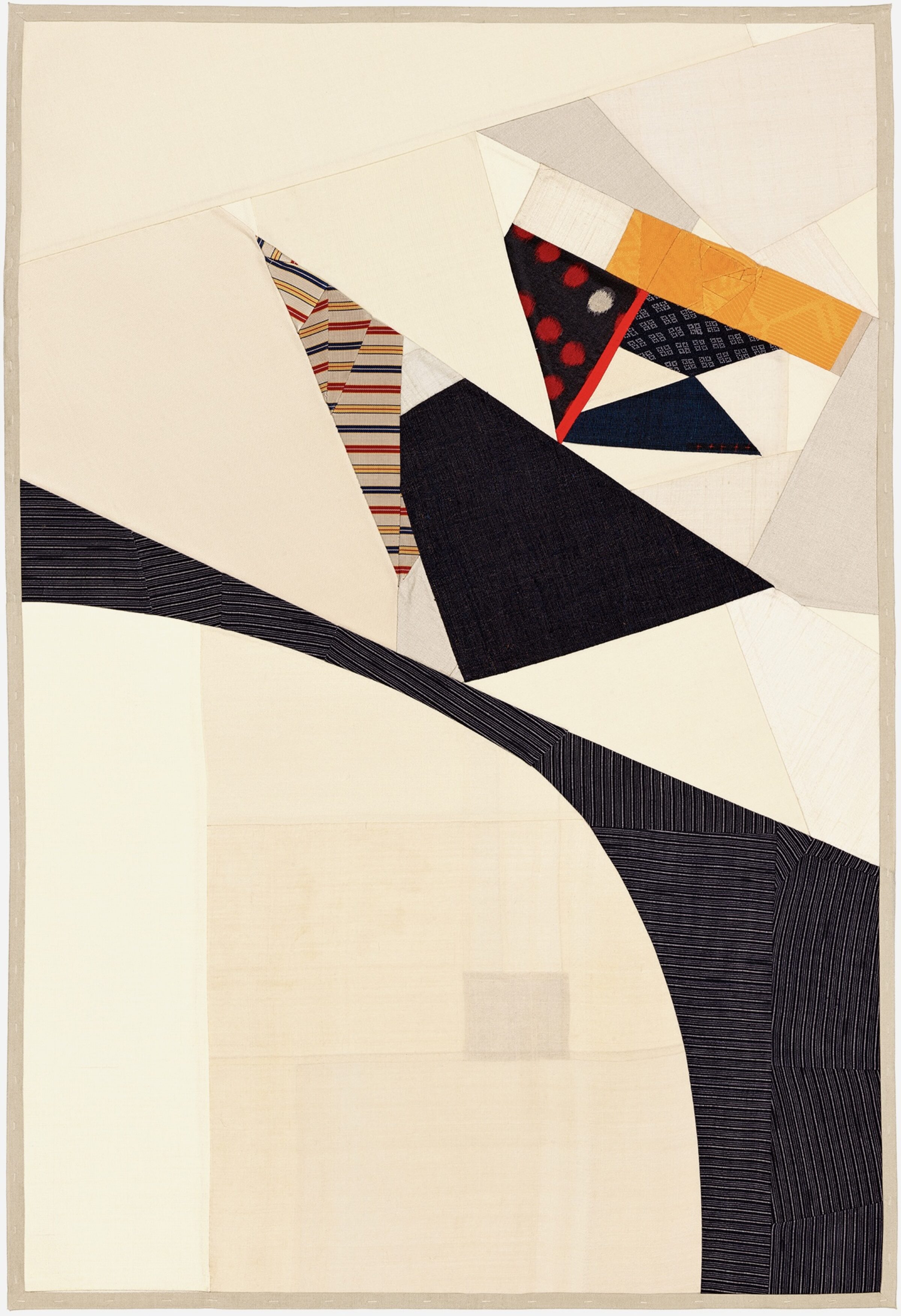 Abstract composition featuring pieced vintage silk fabrics arranged in geometric forms against a cream background. A large black triangle dominates the lower portion, while smaller triangular shapes in red with polka dots, striped patterns, solid navy, and golden yellow are clustered in the upper center, creating a dynamic interplay of color, texture, and patterned textiles.