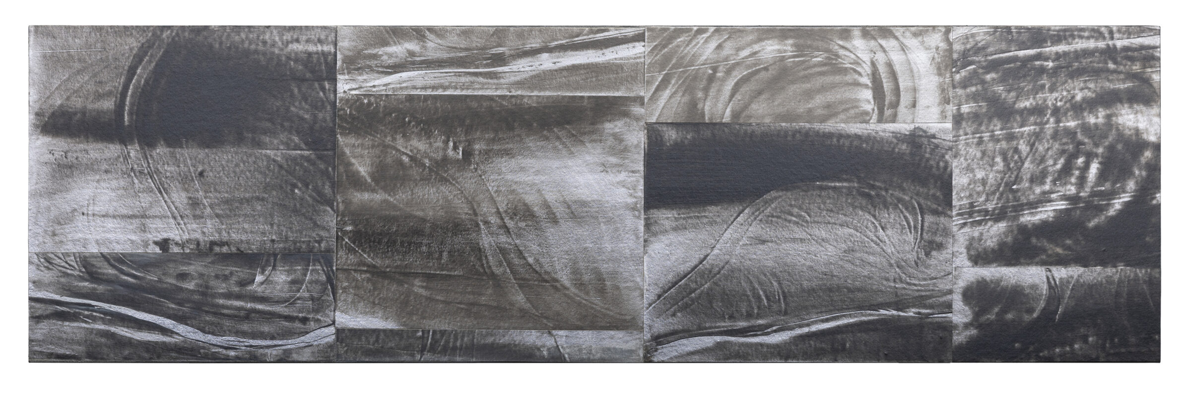 Horizontal panel of grayscale abstracted landscape imagery with sweeping curved lines and layered forms suggesting water or geological formations, composed of nine rectangular sections arranged in a grid creating a fragmented, panoramic effect.